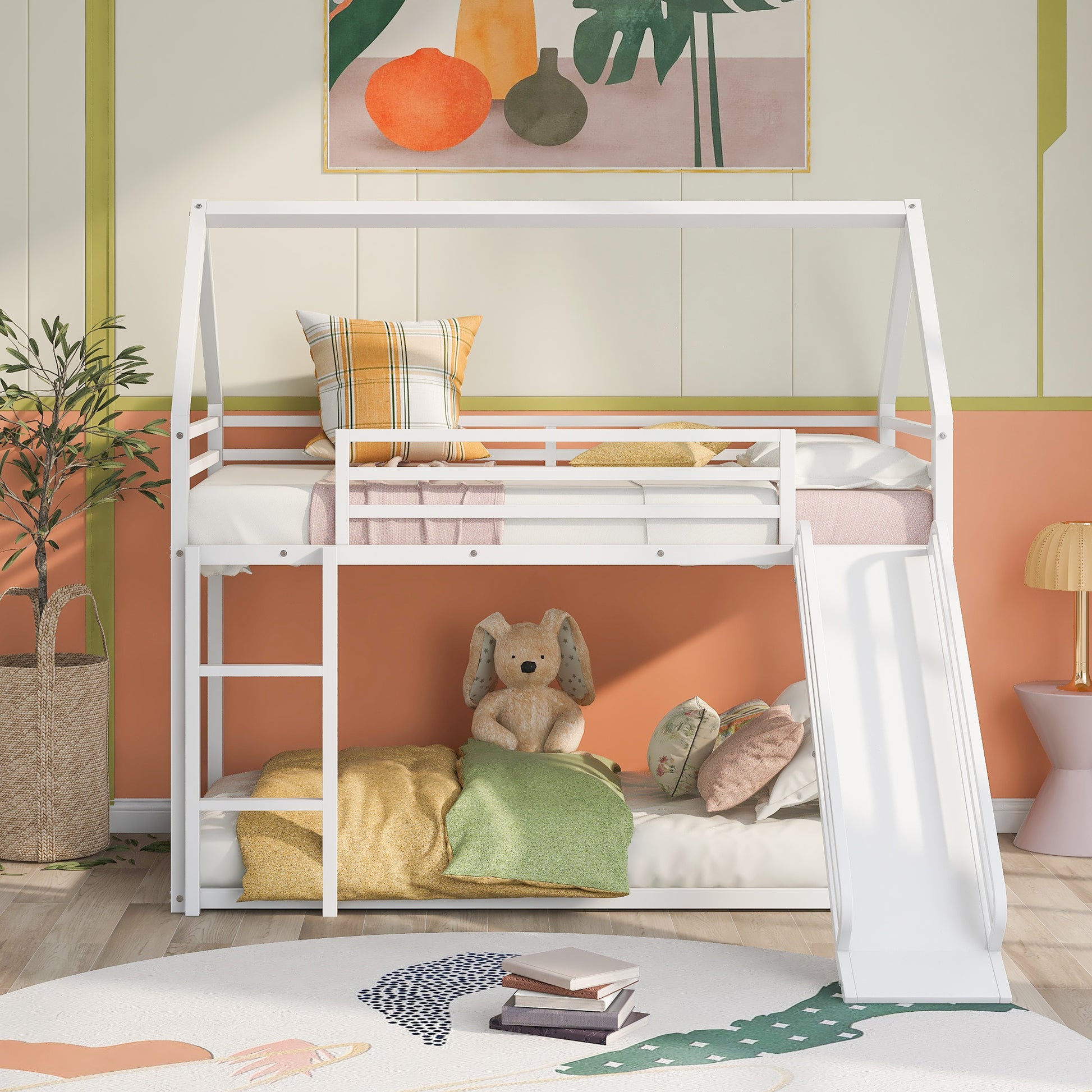 White metal bunk bed with slide