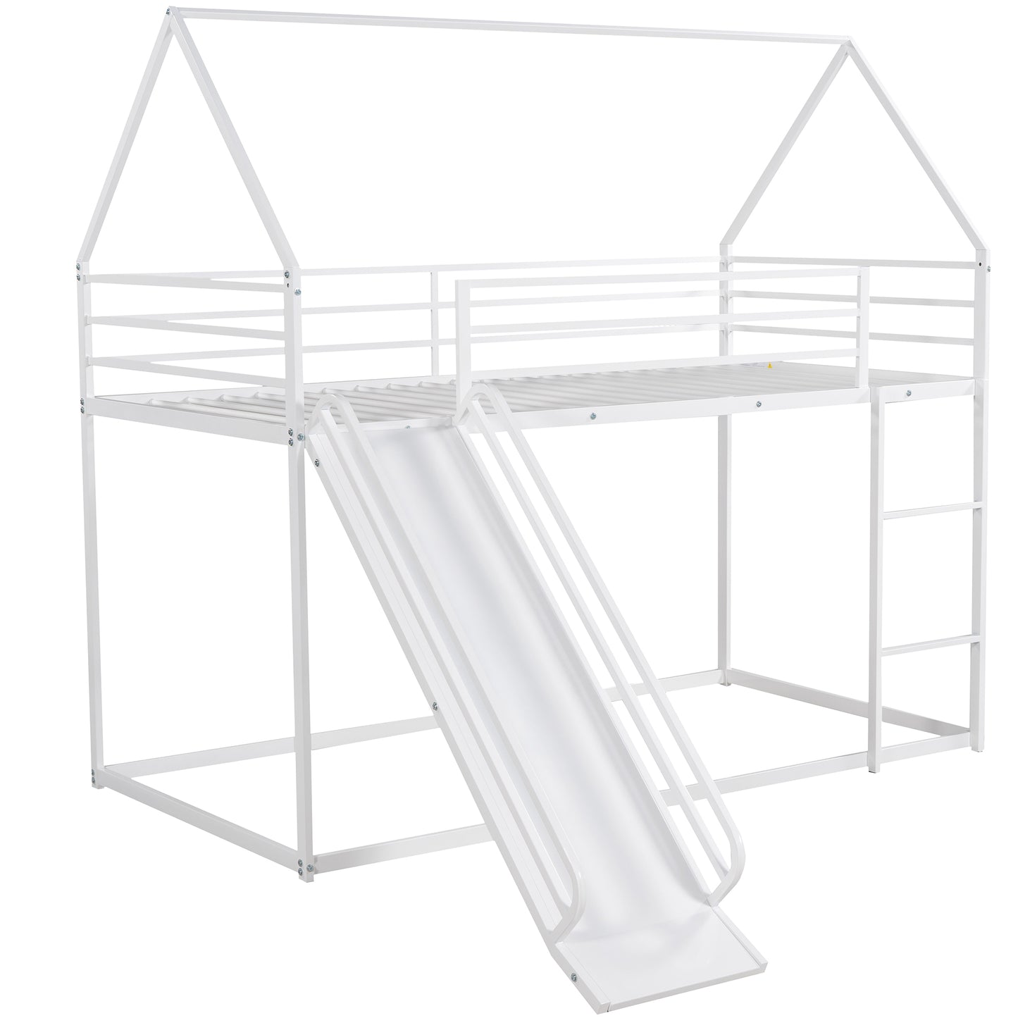 White metal houseshaped loft bed with slide for kids room