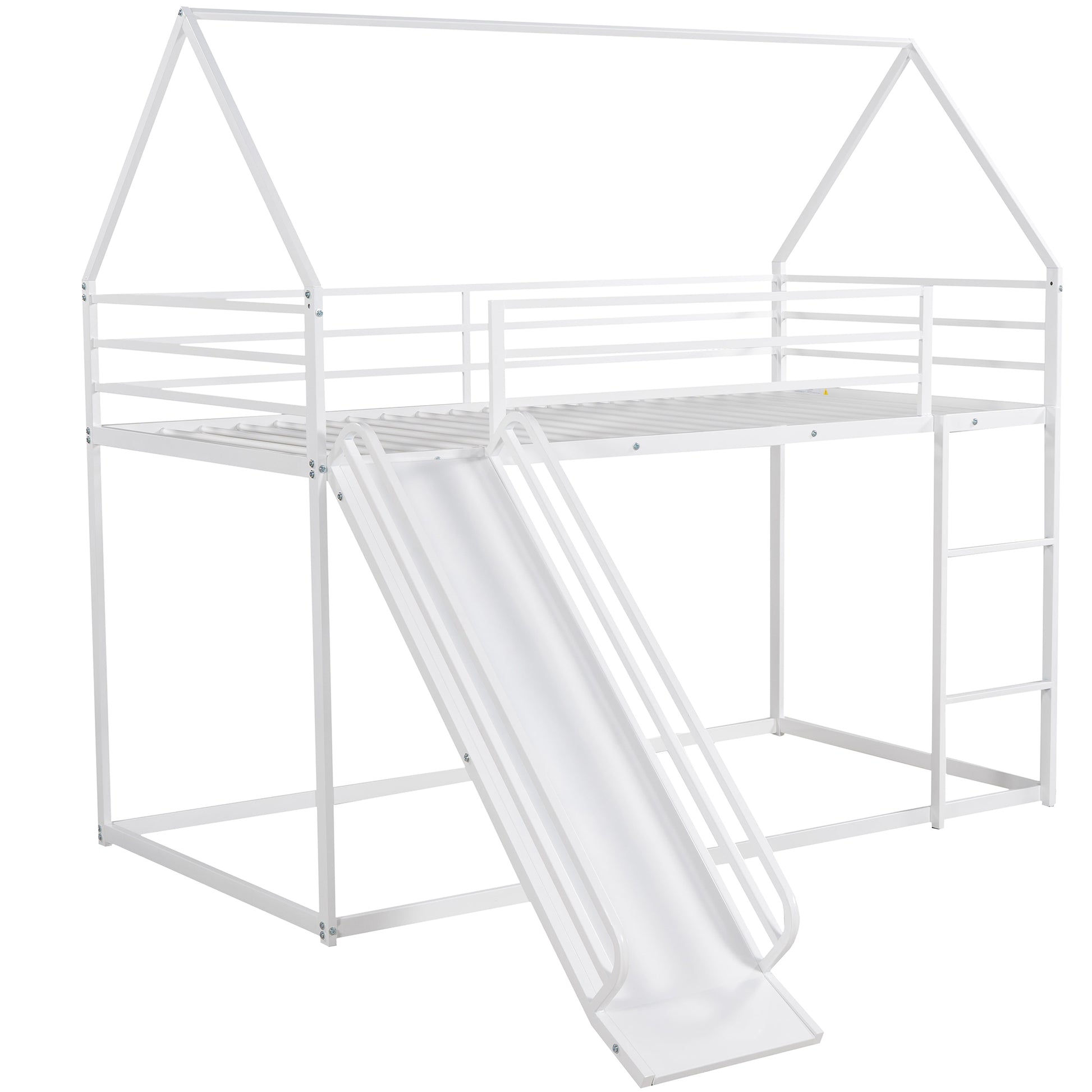 White metal houseshaped loft bed with slide for kids room