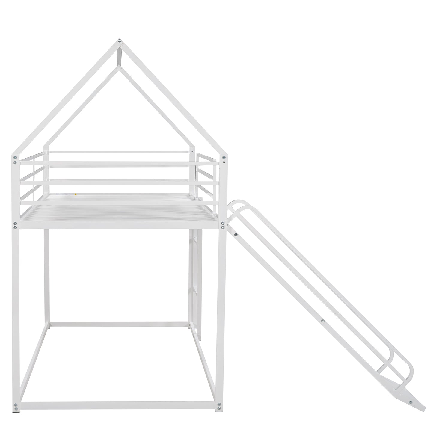 White metal twin loft bed with slide and houseshaped frame