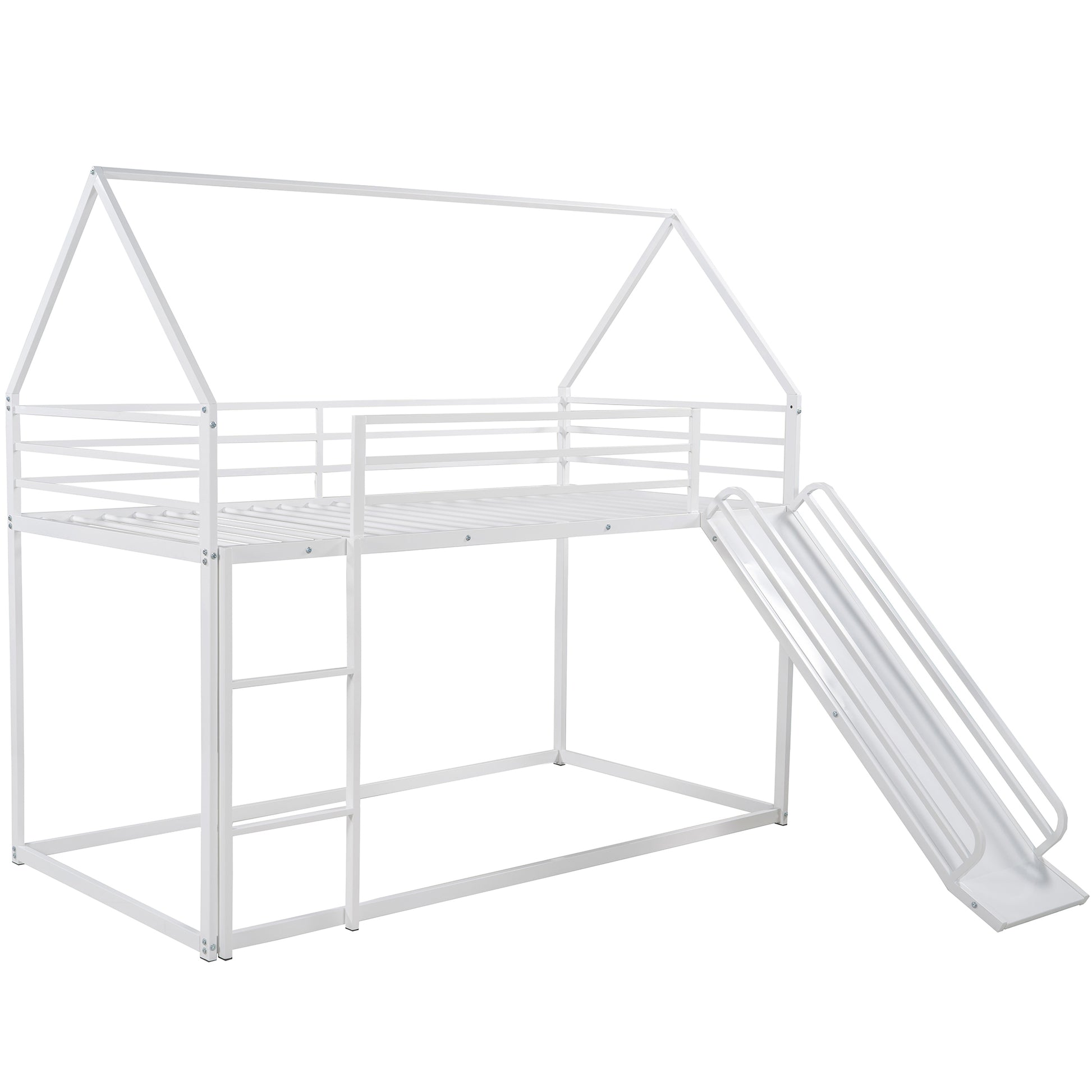 White metal house frame twin bunk bed with ladder and slide for kids rooms