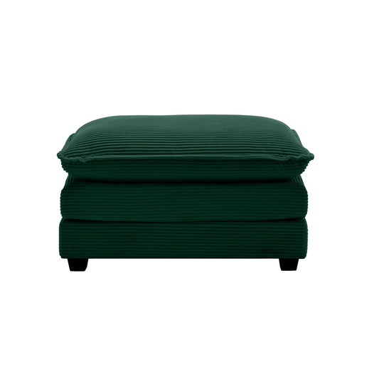 Deep green corduroy upholstered ottoman with stacked cushion design and black wooden legs