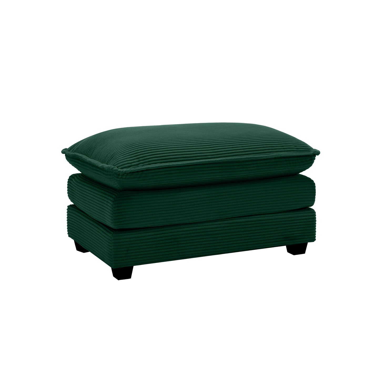 Dark green corduroy ottoman with stacked cushion design and black legs