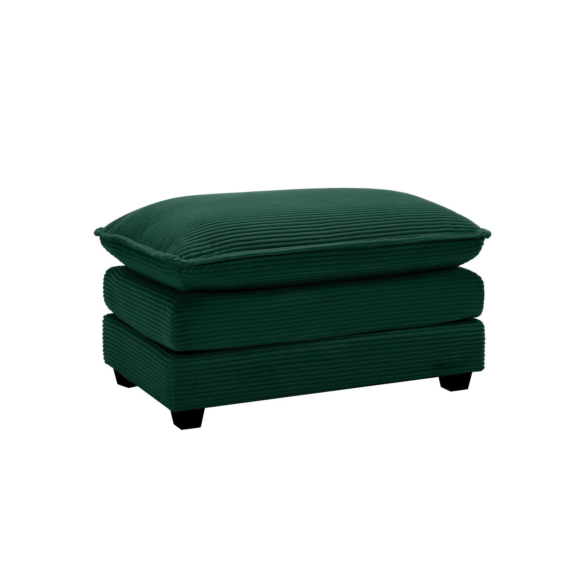 Dark green corduroy ottoman with stacked cushion design and black legs