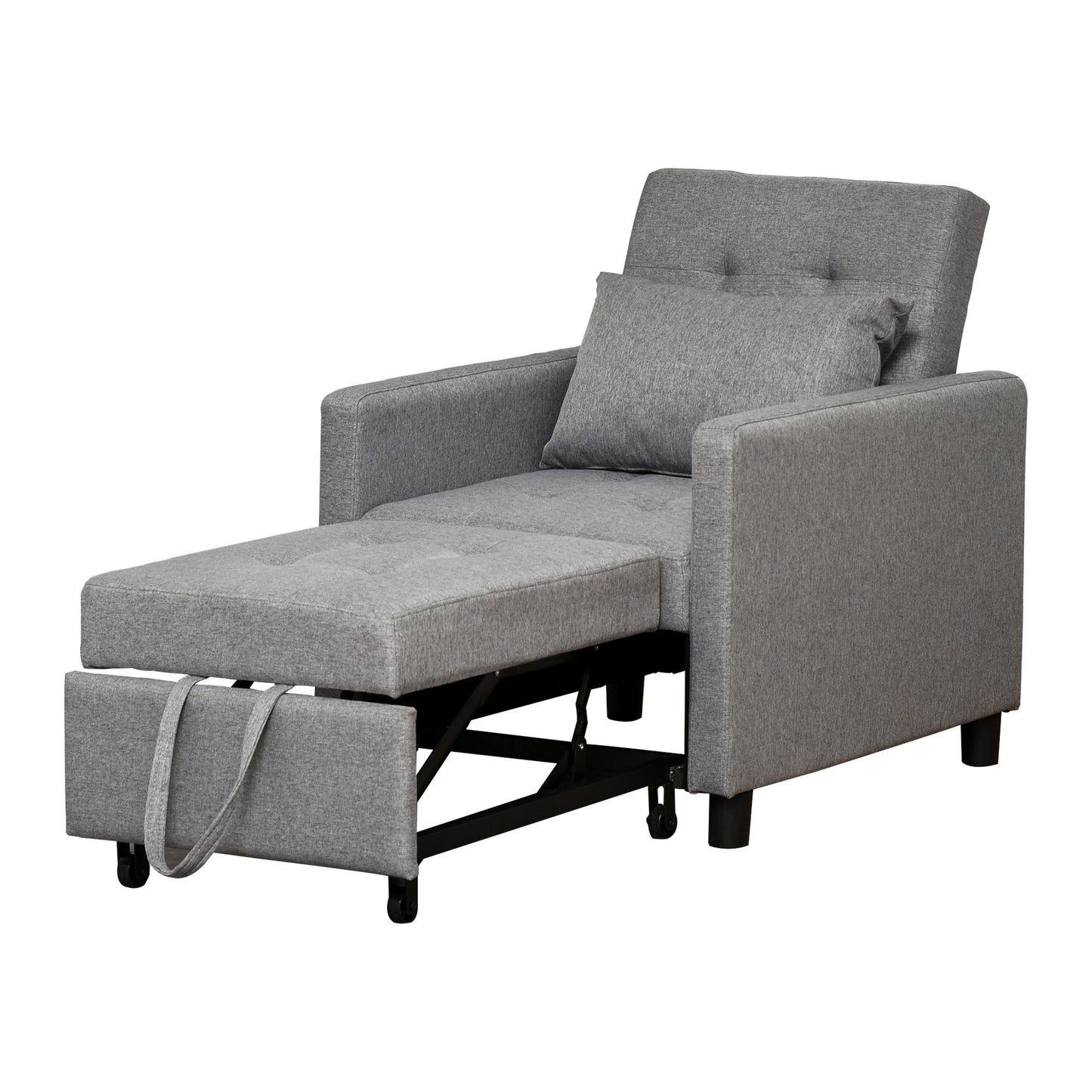 Grey fabric convertible chair bed with pullout ottoman ideal for small spaces