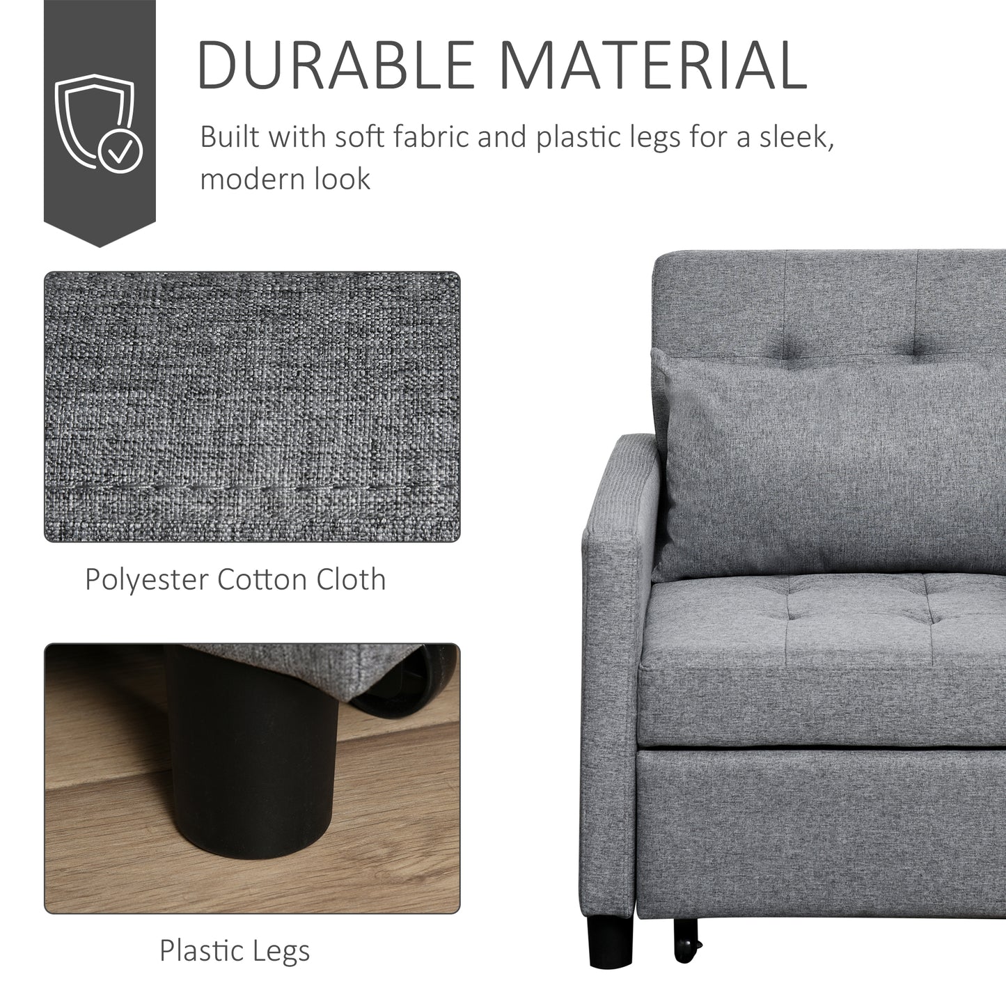 Gray polyester cotton cloth sofa with tufted cushions and black plastic legs