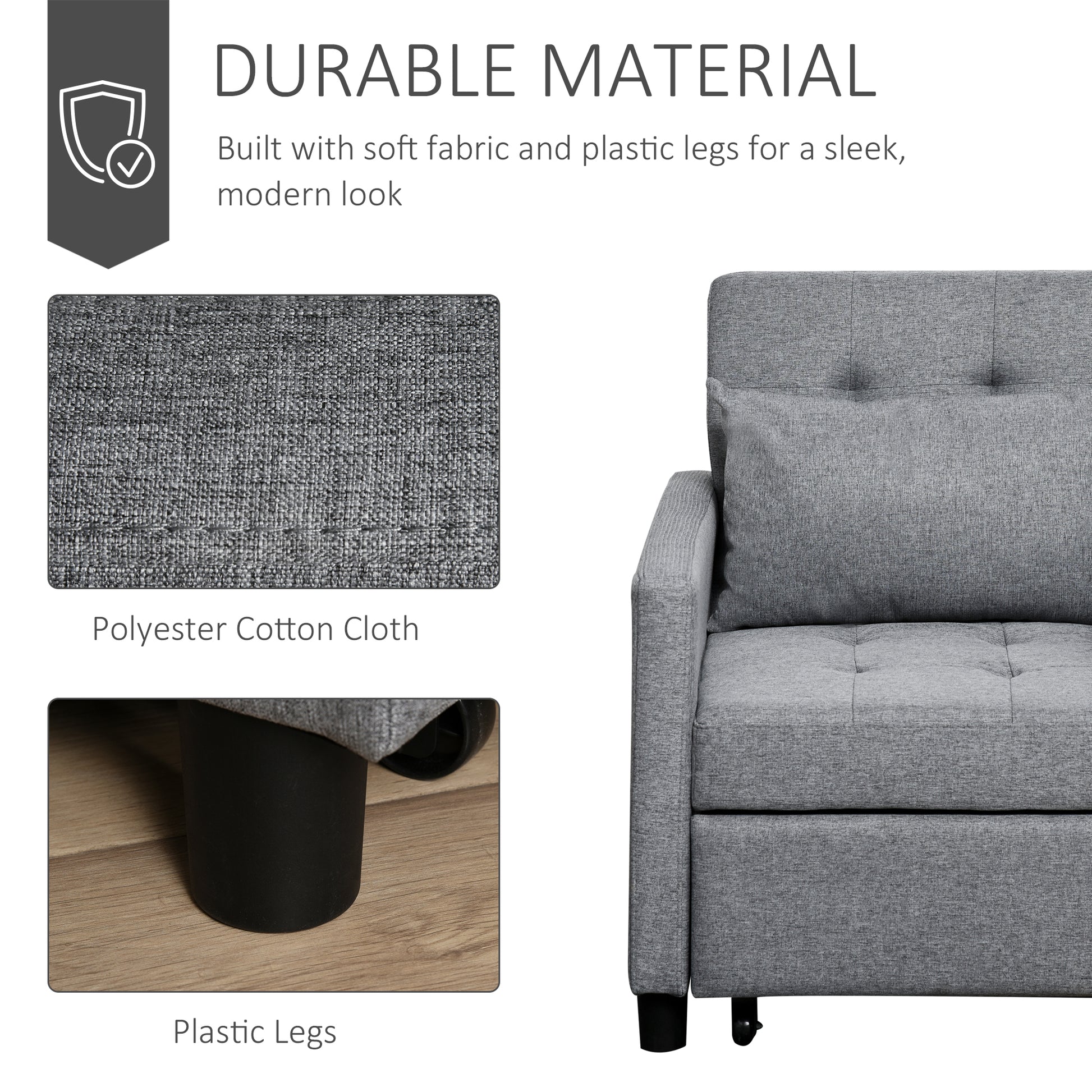 Gray polyester cotton cloth sofa with tufted cushions and black plastic legs