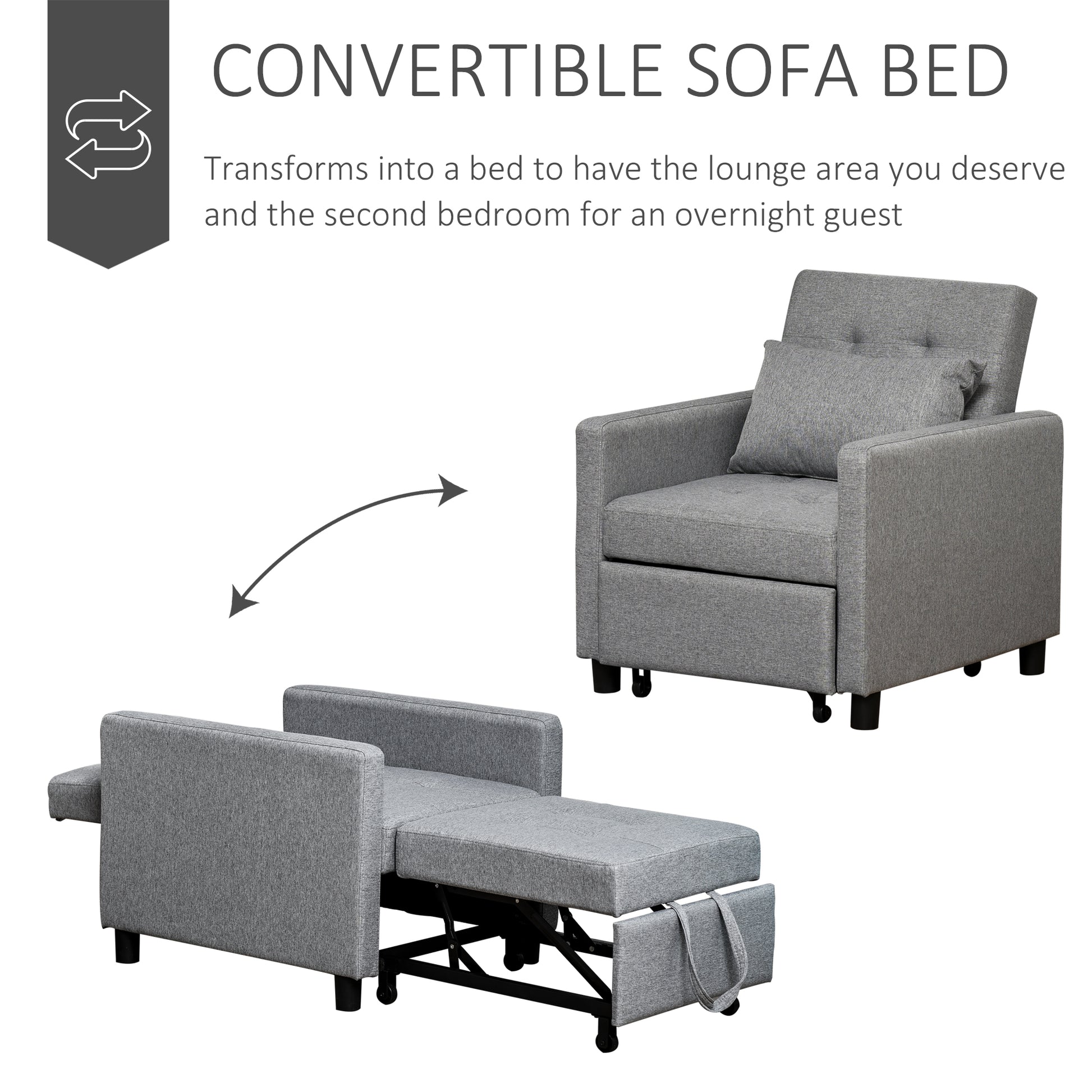 Gray fabric convertible sofa bed shown in chair and bed configuration