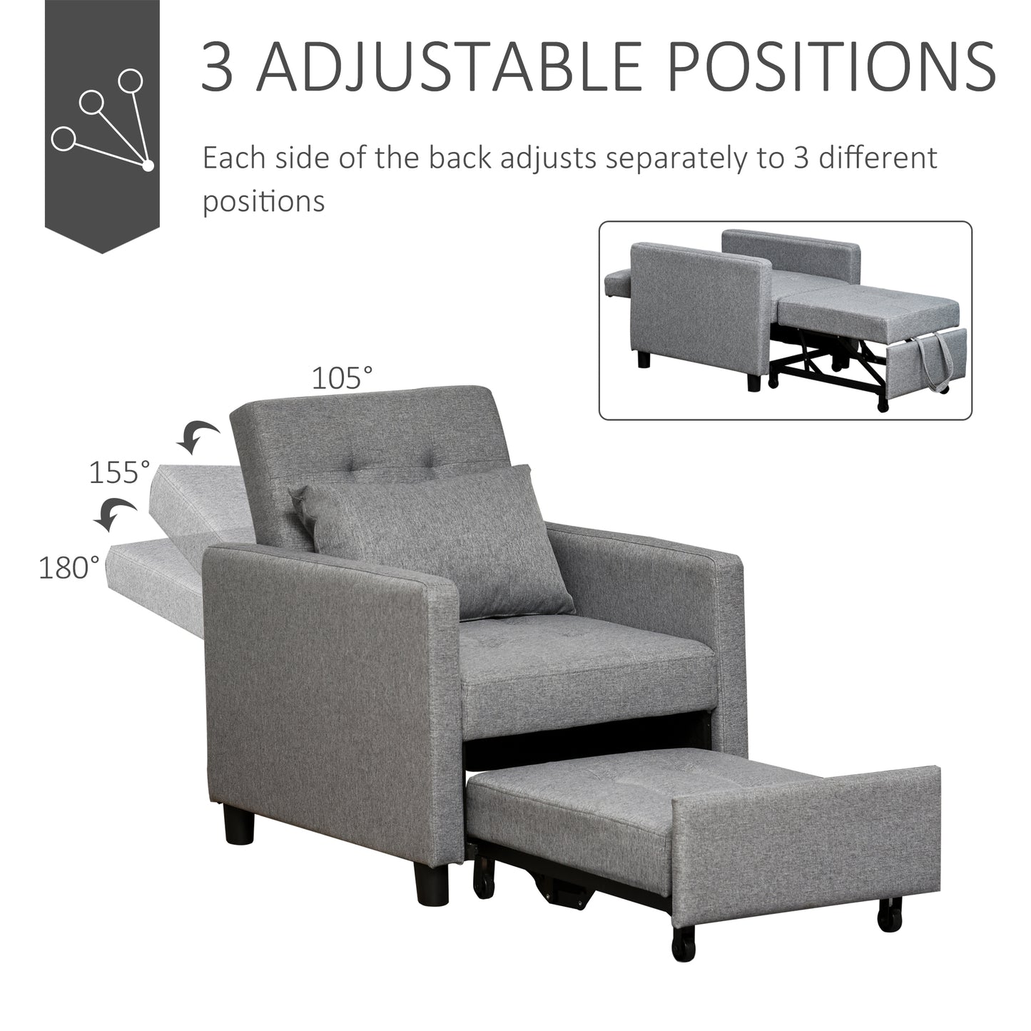 Gray convertible armchair with adjustable back and pullout ottoman for relaxation