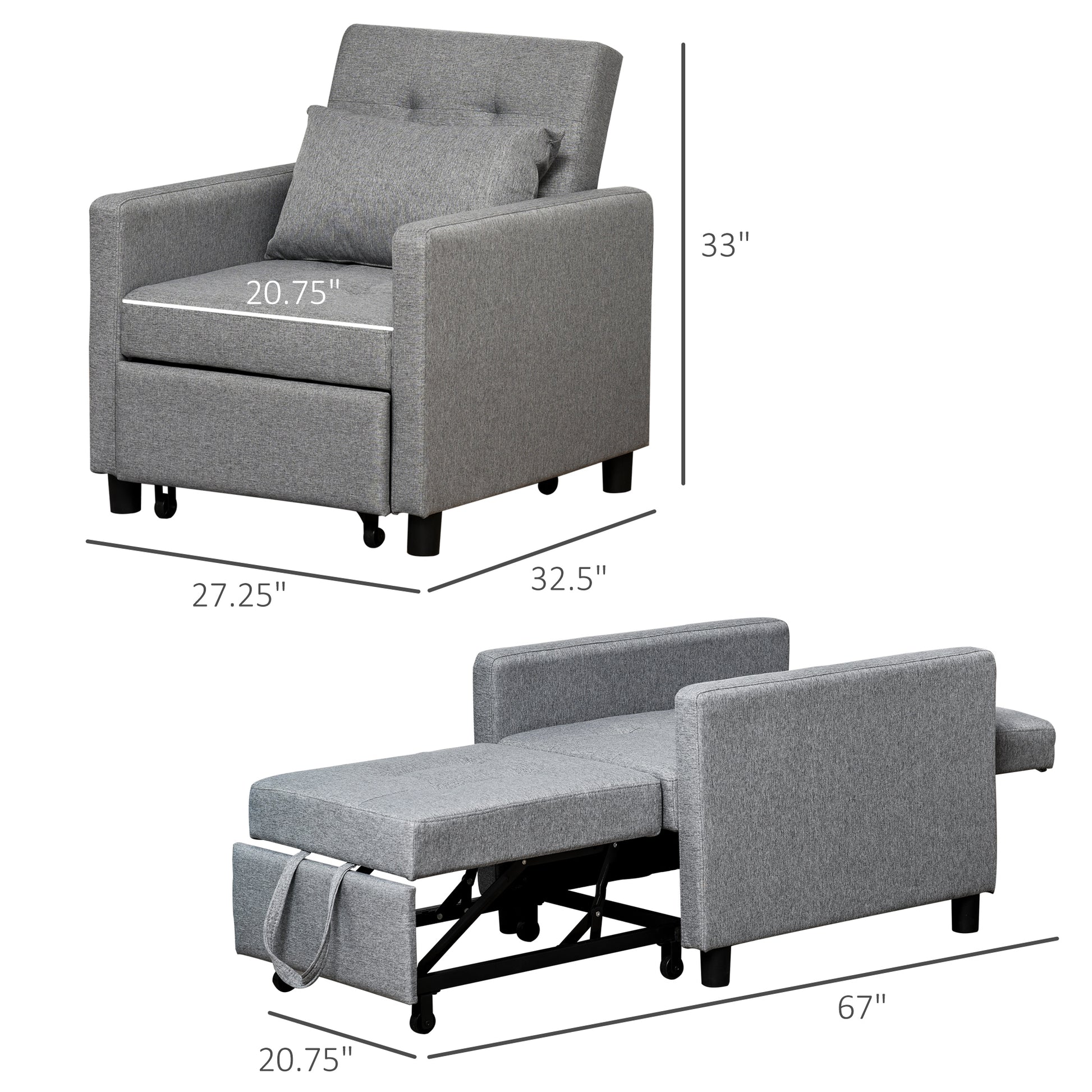 Gray upholstered convertible chair featuring tufted back and pullout ottoman for versatile seating