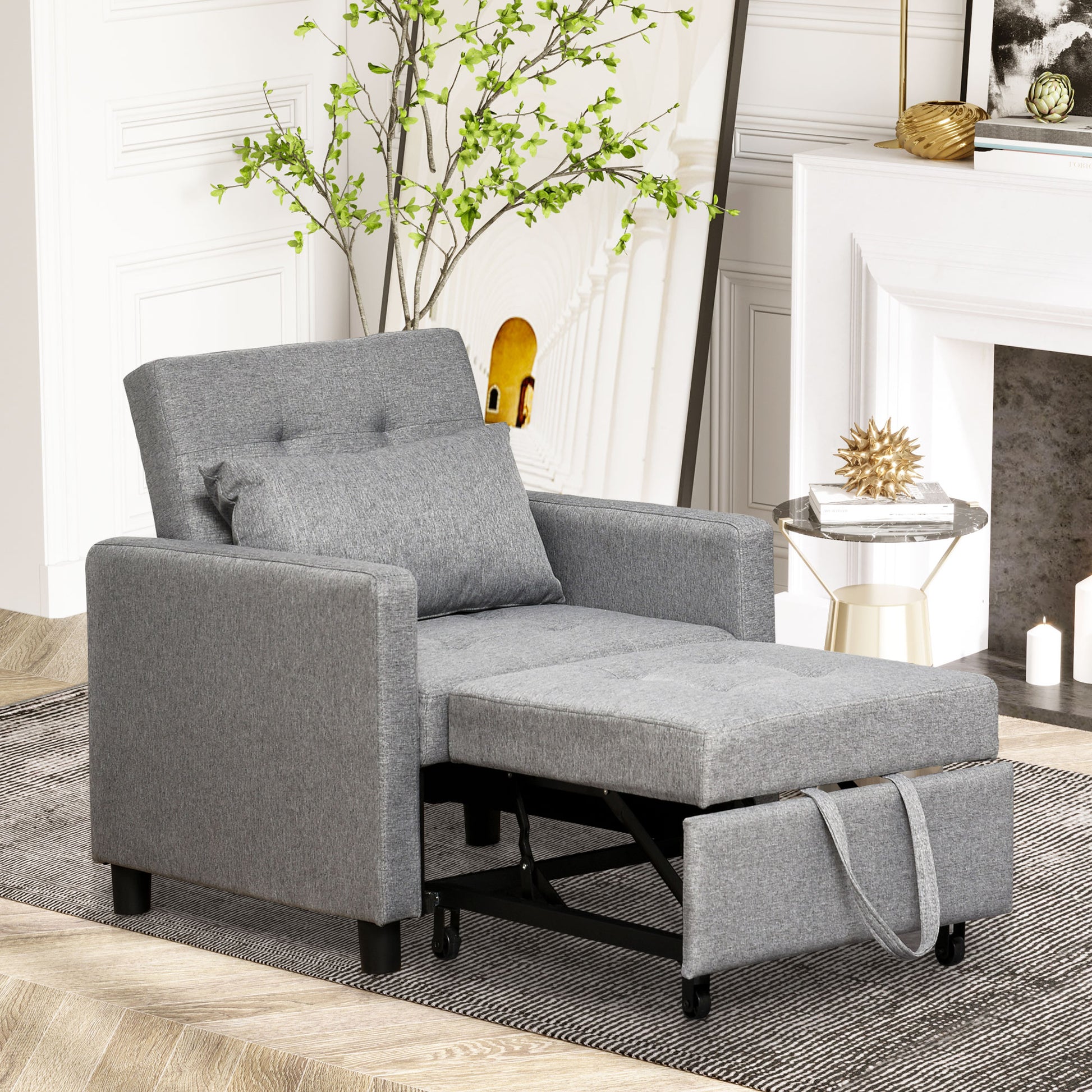 Grey fabric convertible sleeper chair with pullout ottoman