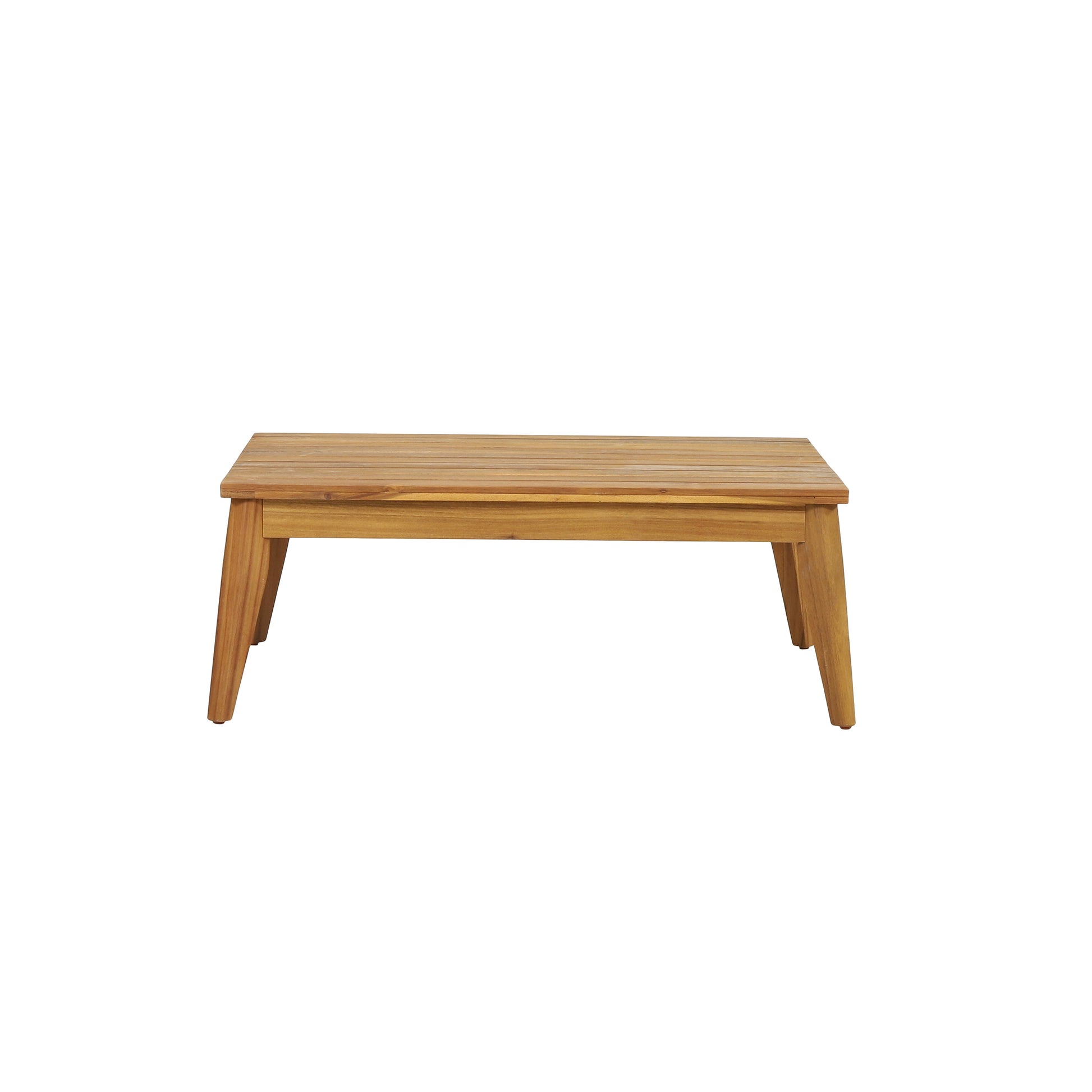 A natural wood slat coffee table with angled legs perfect for modern living rooms
