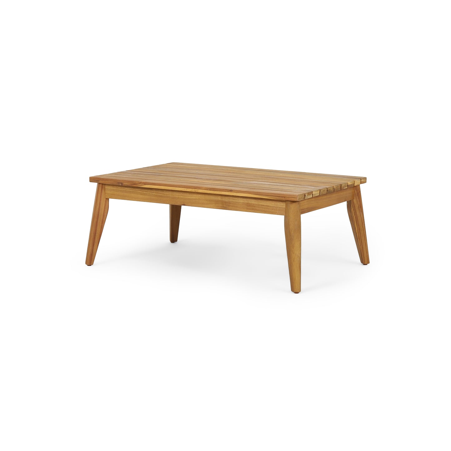 Wooden slatted coffee table with tapered legs perfect for patio furniture
