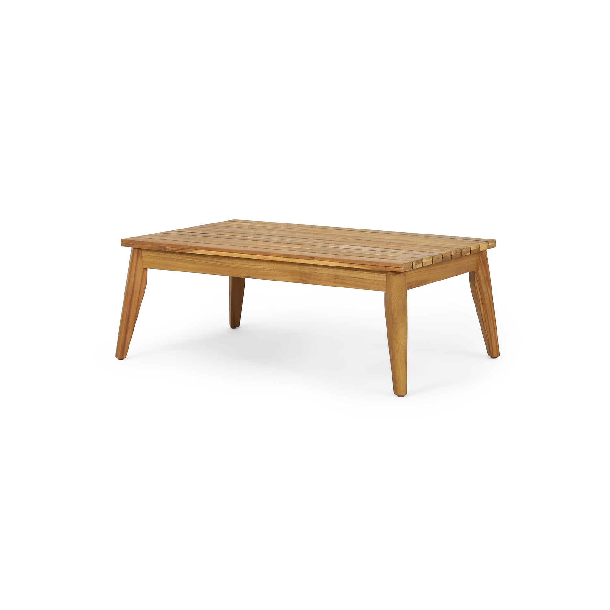 Wooden slatted coffee table with tapered legs perfect for patio furniture