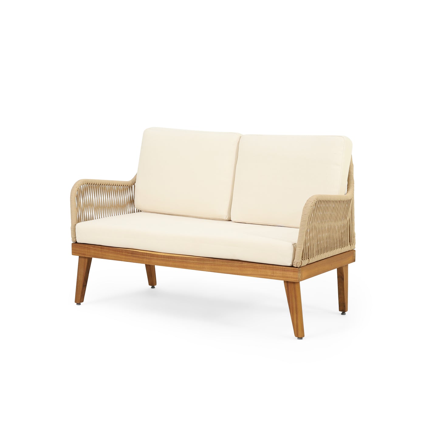 Beige upholstered loveseat with woven rope arms and wooden legs