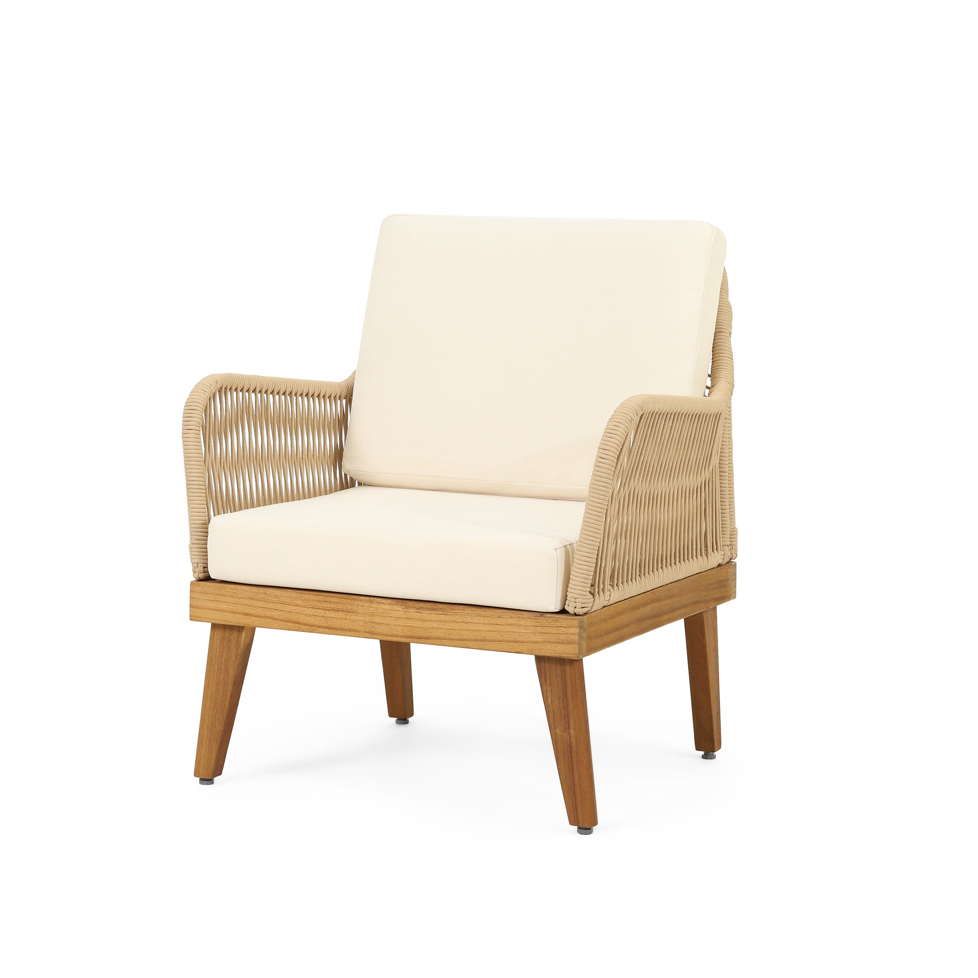 Comfortable natural rope armchair with a wooden frame and cream cushions for outdoor relaxation