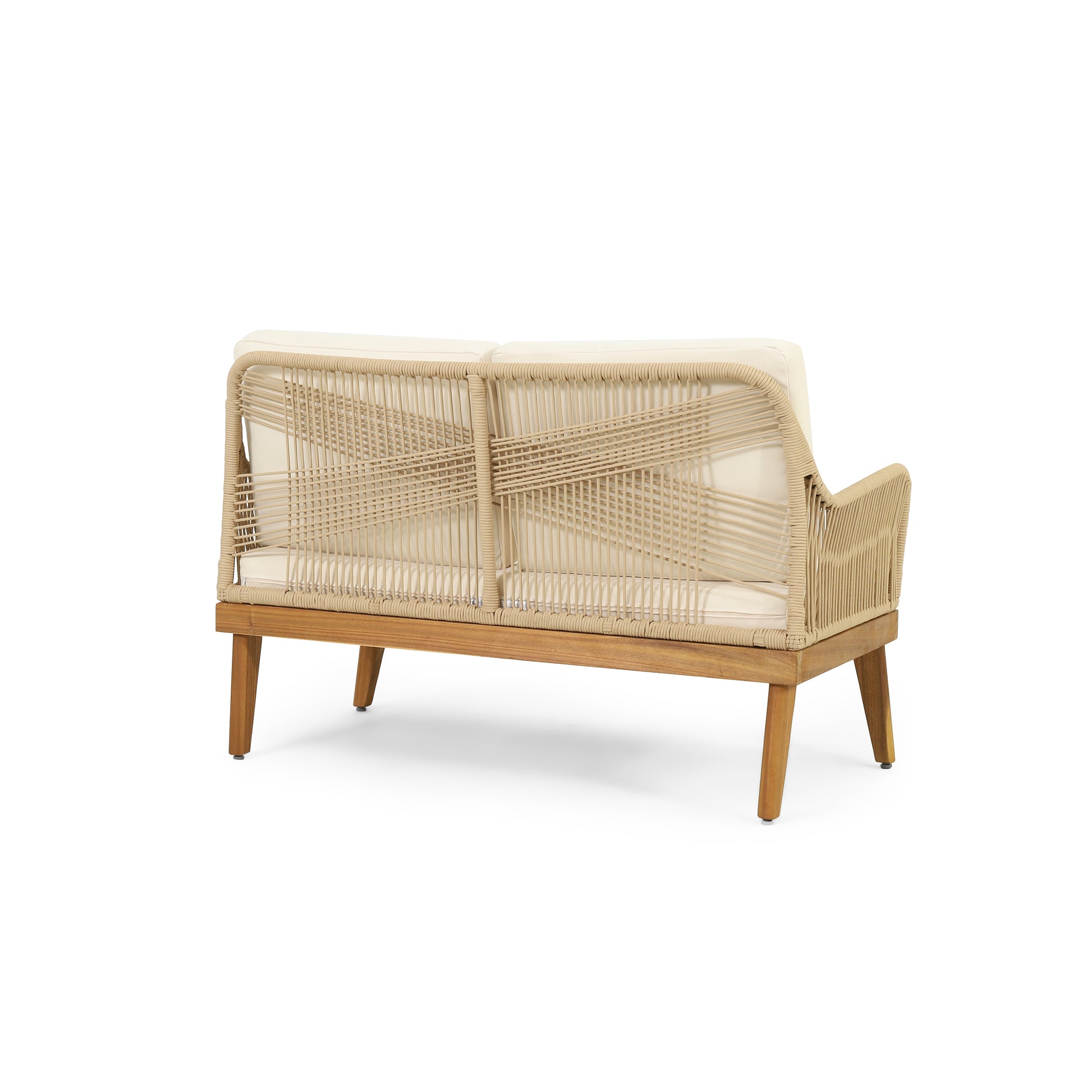 Woven rope outdoor loveseat with cream cushions and natural wood legs