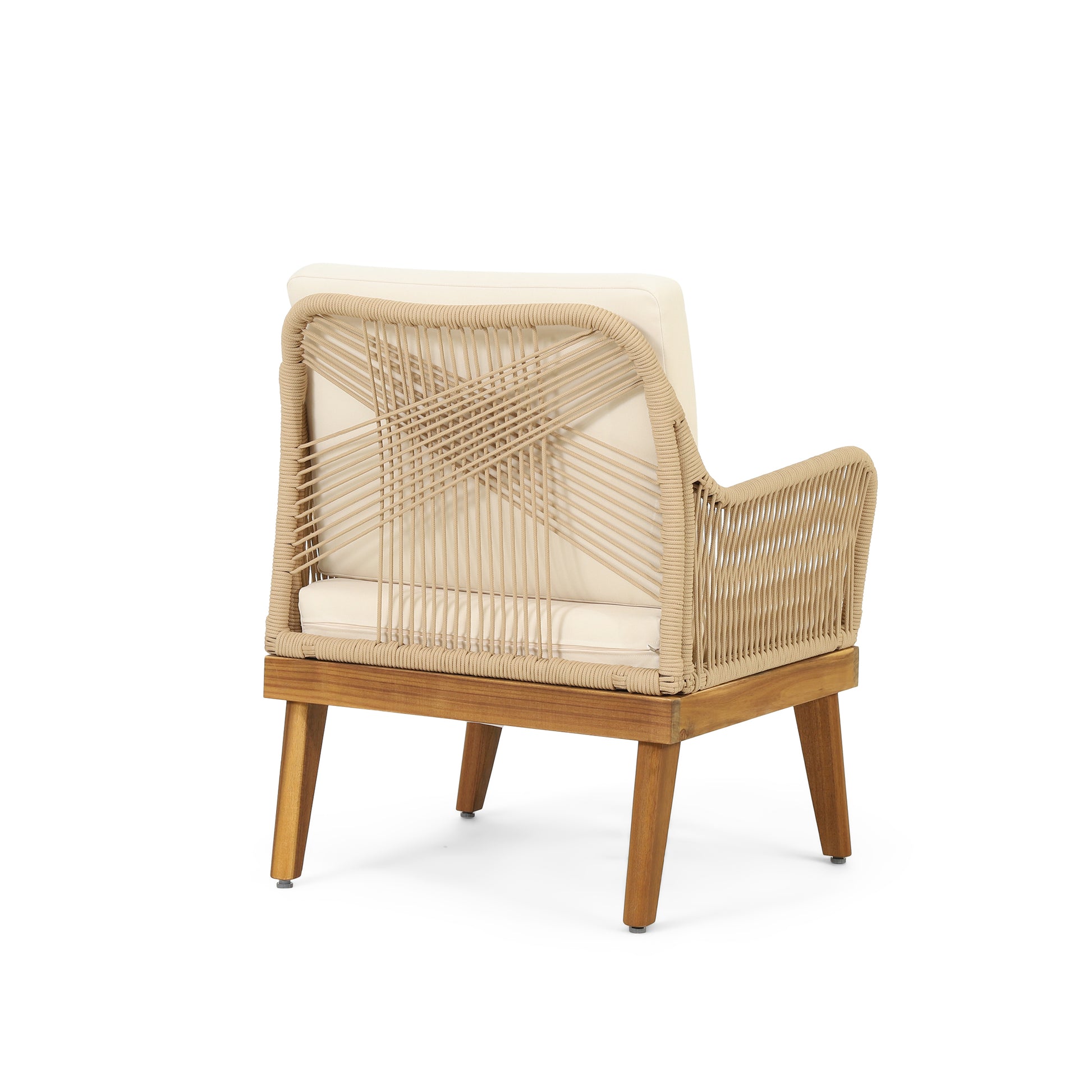 Tan rope woven outdoor chair with beige cushions and wooden legs modern design