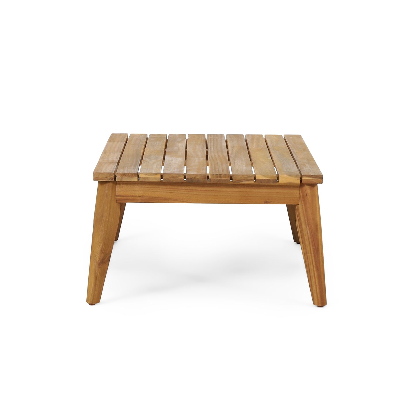 Natural wood slatted coffee table with tapered legs perfect for modern outdoor patios
