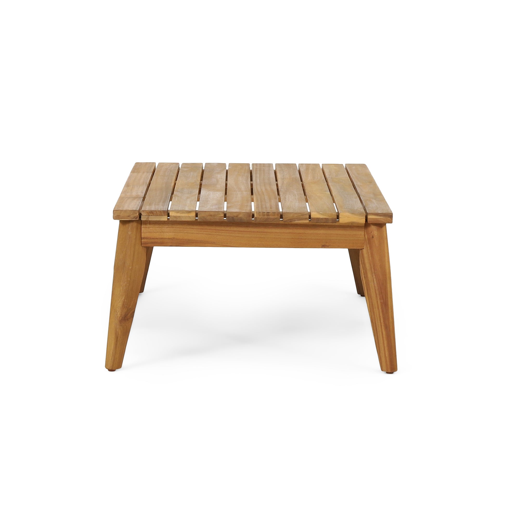 Natural wood slatted coffee table with tapered legs perfect for modern outdoor patios