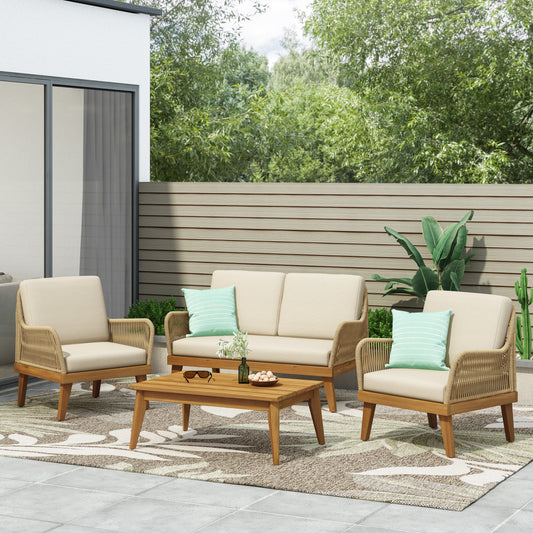Woven rope patio loveseat with beige cushions and light wood frame perfect for outdoor seating