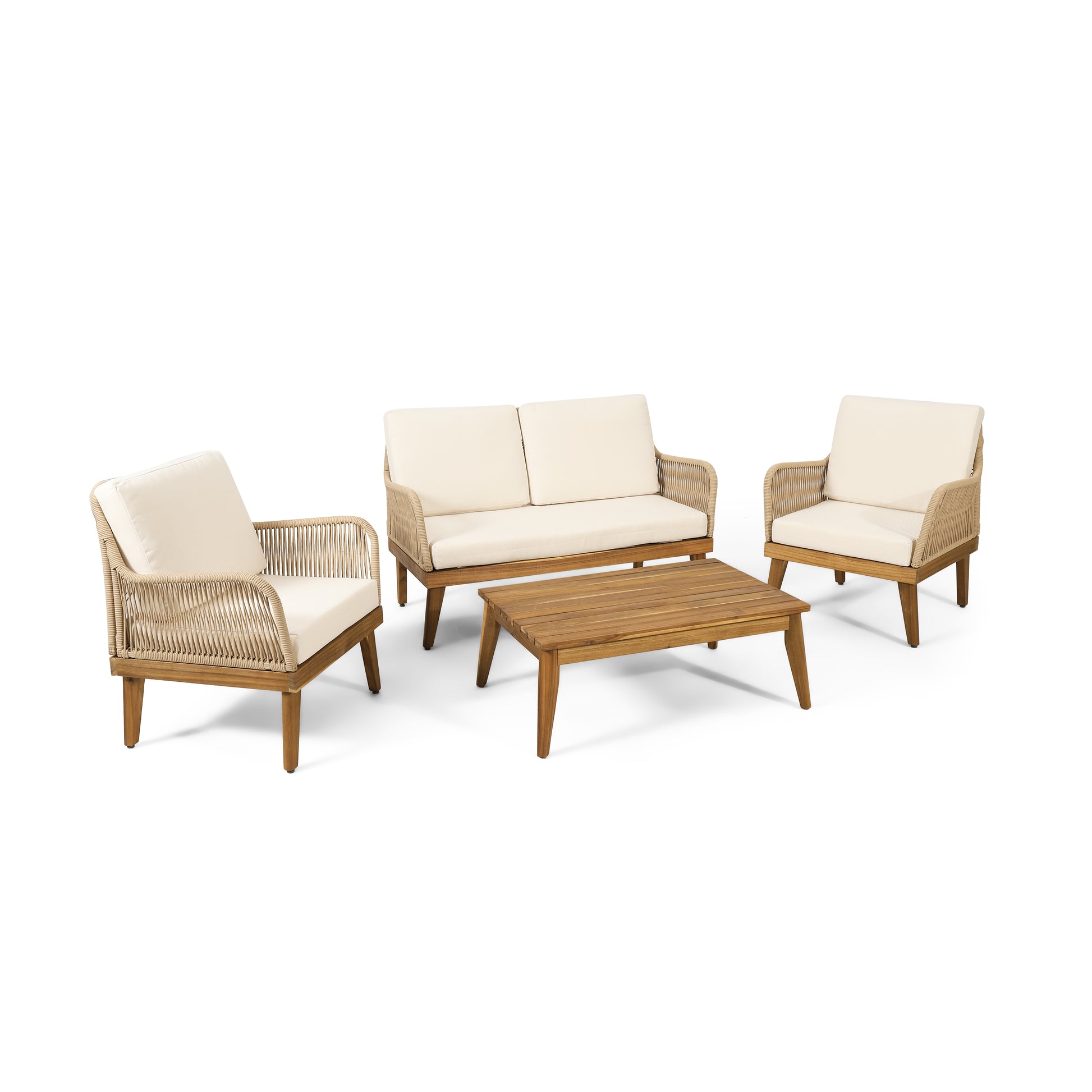 Natural ropewrapped outdoor furniture set with beige cushions and wooden frame