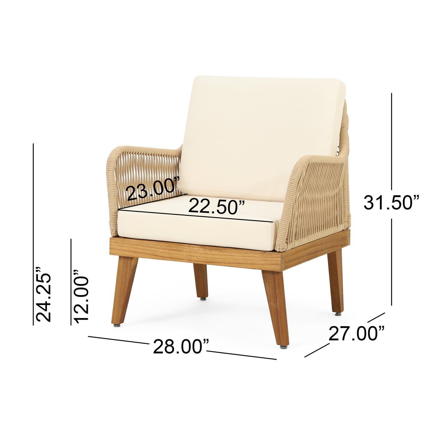Modern armchair with beige cushions and woven rope sides on a wood frame