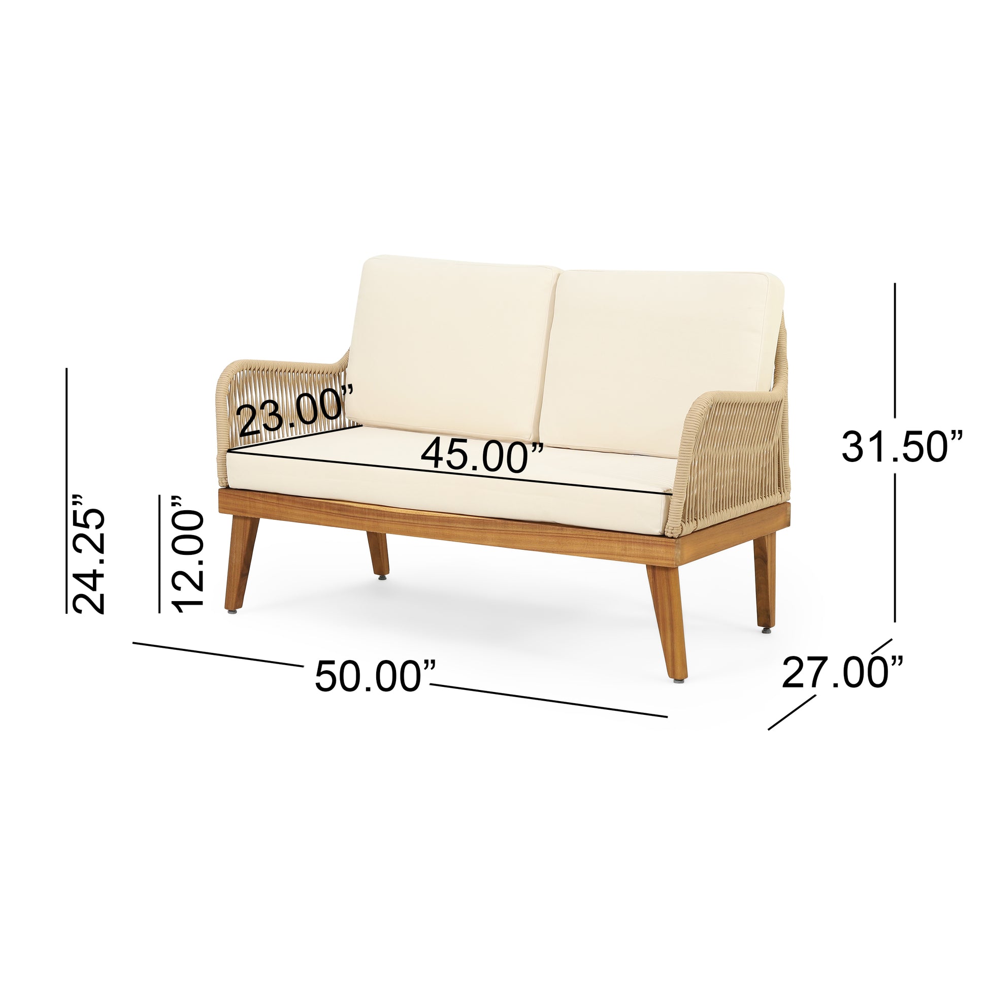 Cream upholstered outdoor loveseat with woven rope arms and wood frame