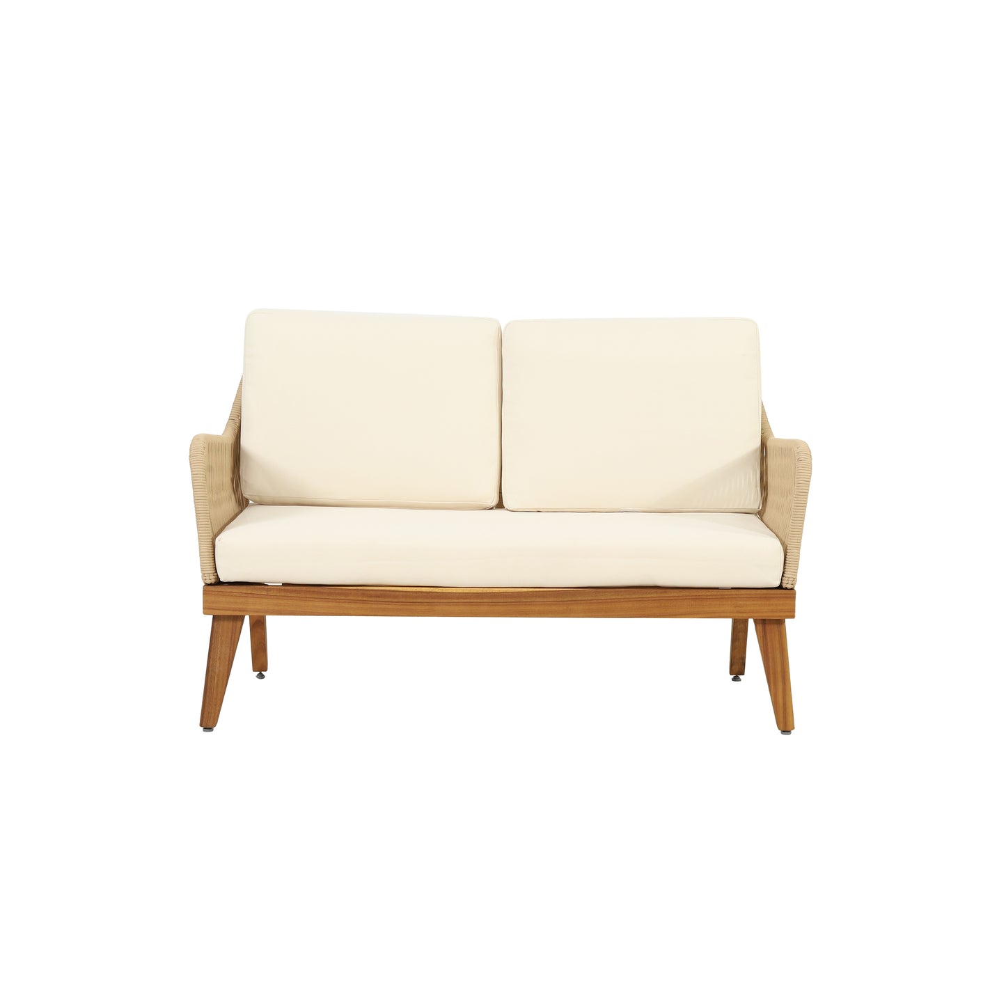 Modern outdoor loveseat with cream cushions teak frame and woven rope arms Perfect patio seating