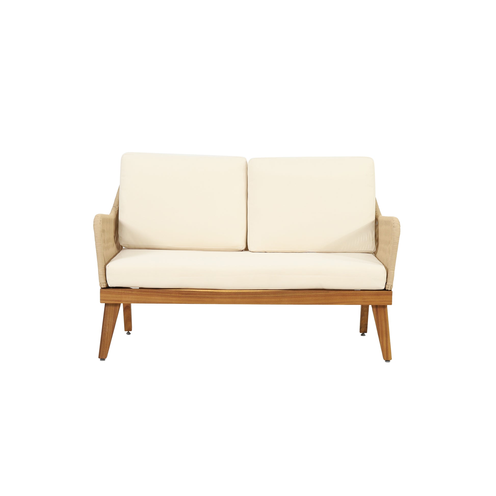 Modern outdoor loveseat with cream cushions teak frame and woven rope arms Perfect patio seating
