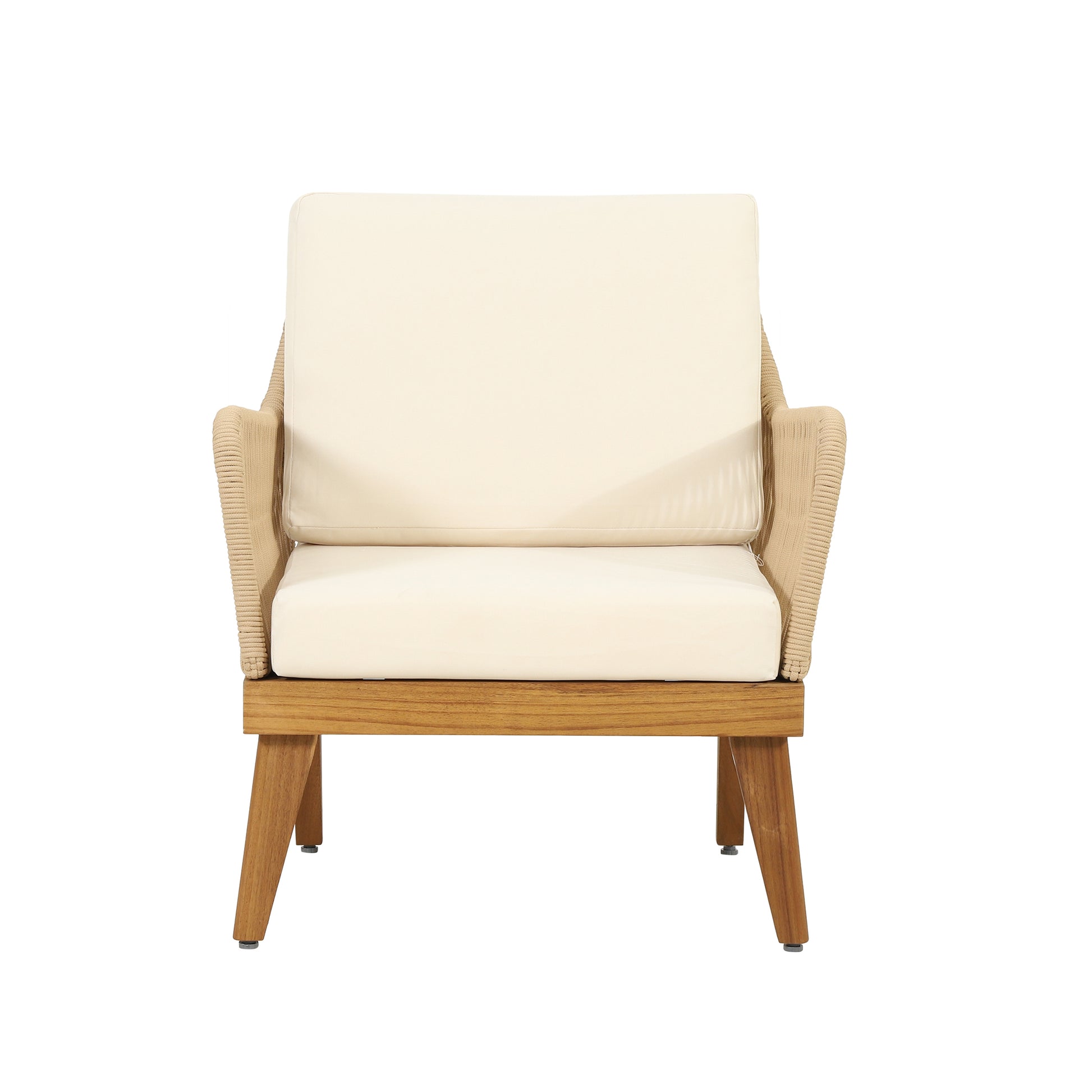 Modern accent chair with cream cushions and woven tan arms on a wood frame