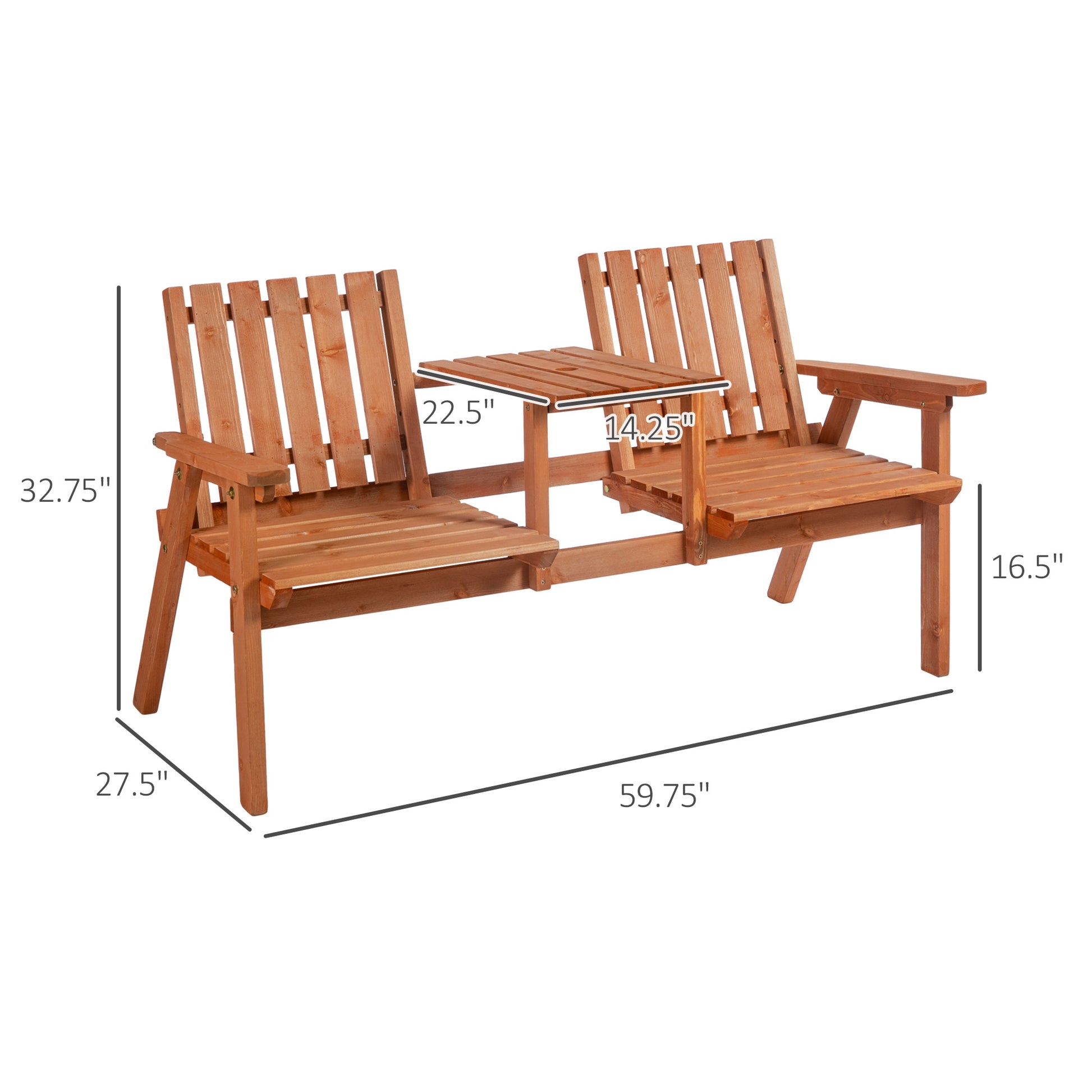 Wooden loveseat bench with central table natural wood finish and slatted design