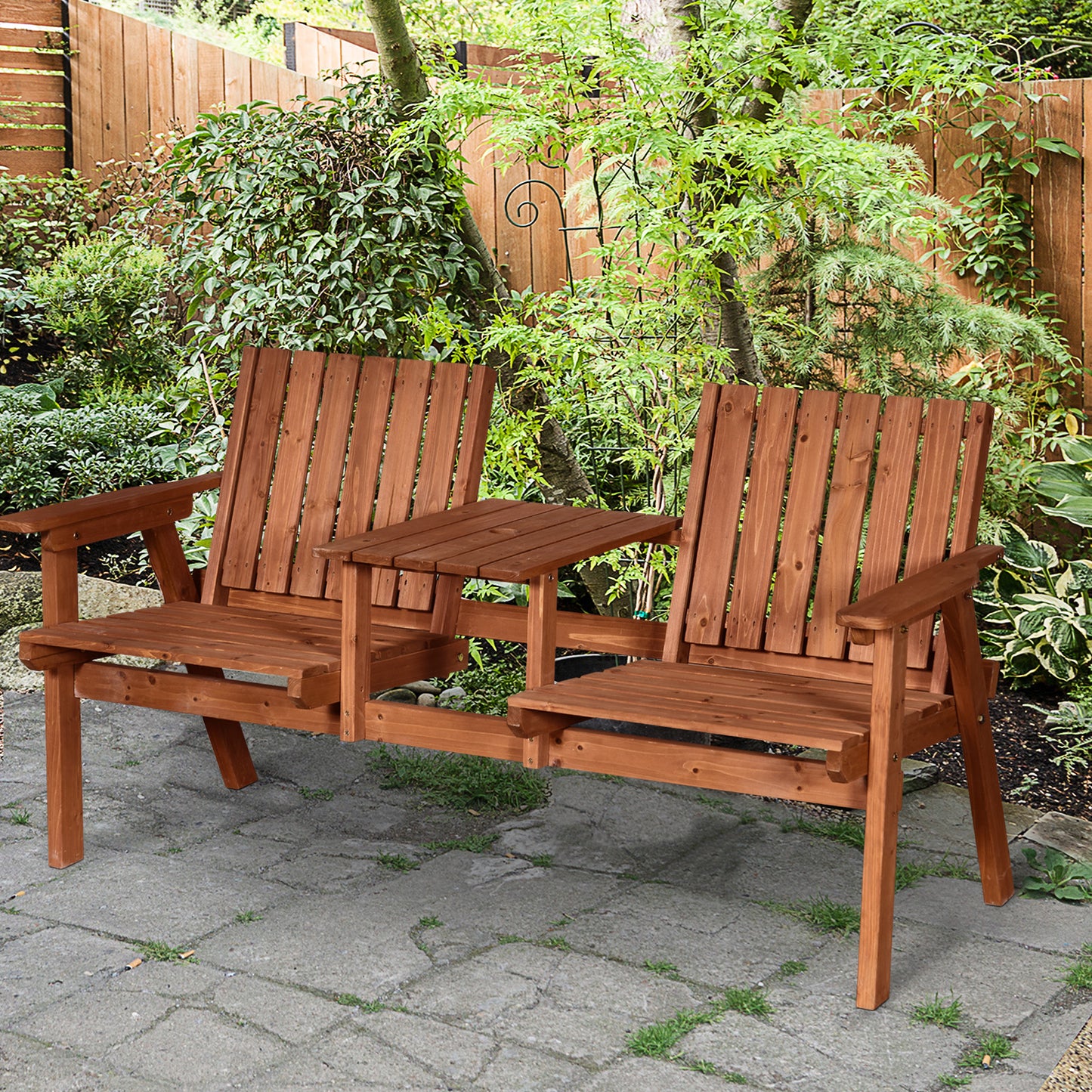 Wooden garden loveseat with builtin table for outdoor seating