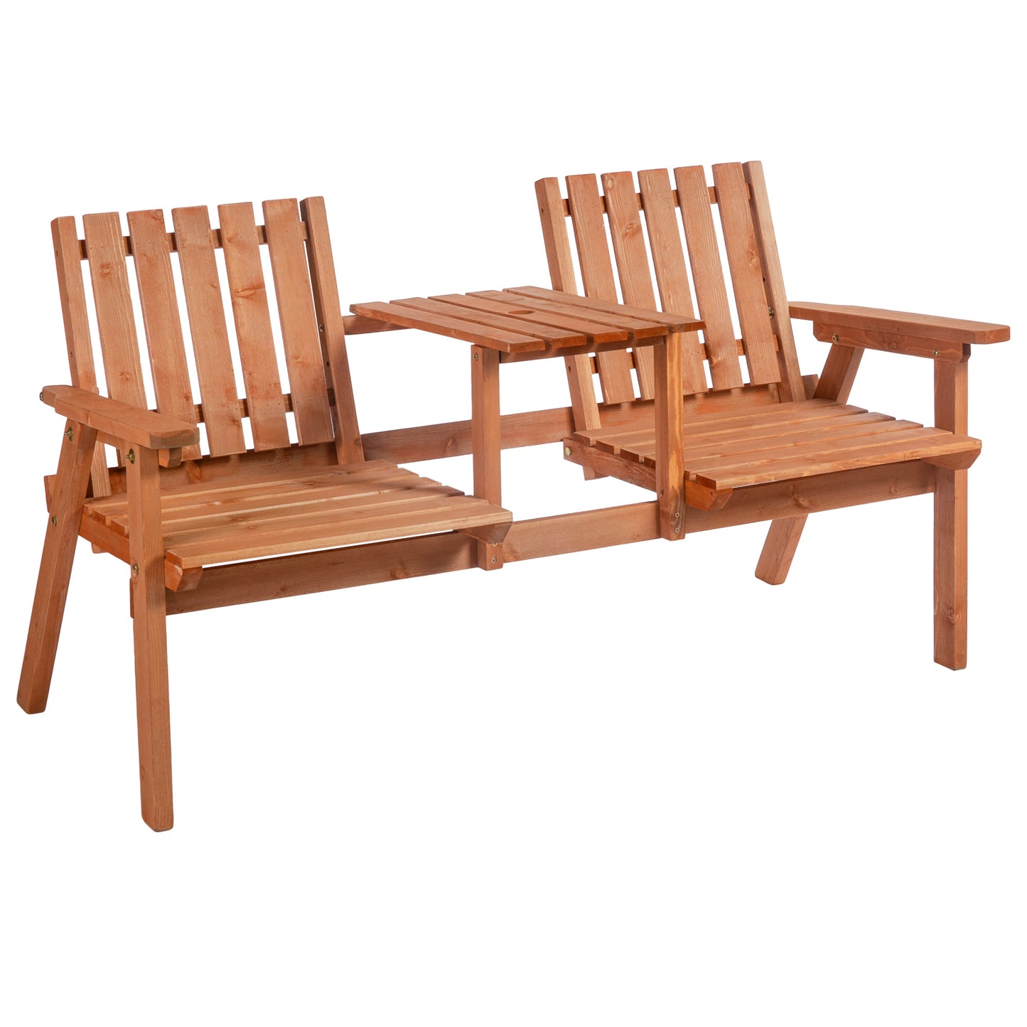Natural wood patio love seat with attached table for outdoor relaxation