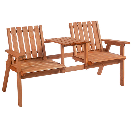 Natural wood patio love seat with attached table for outdoor relaxation
