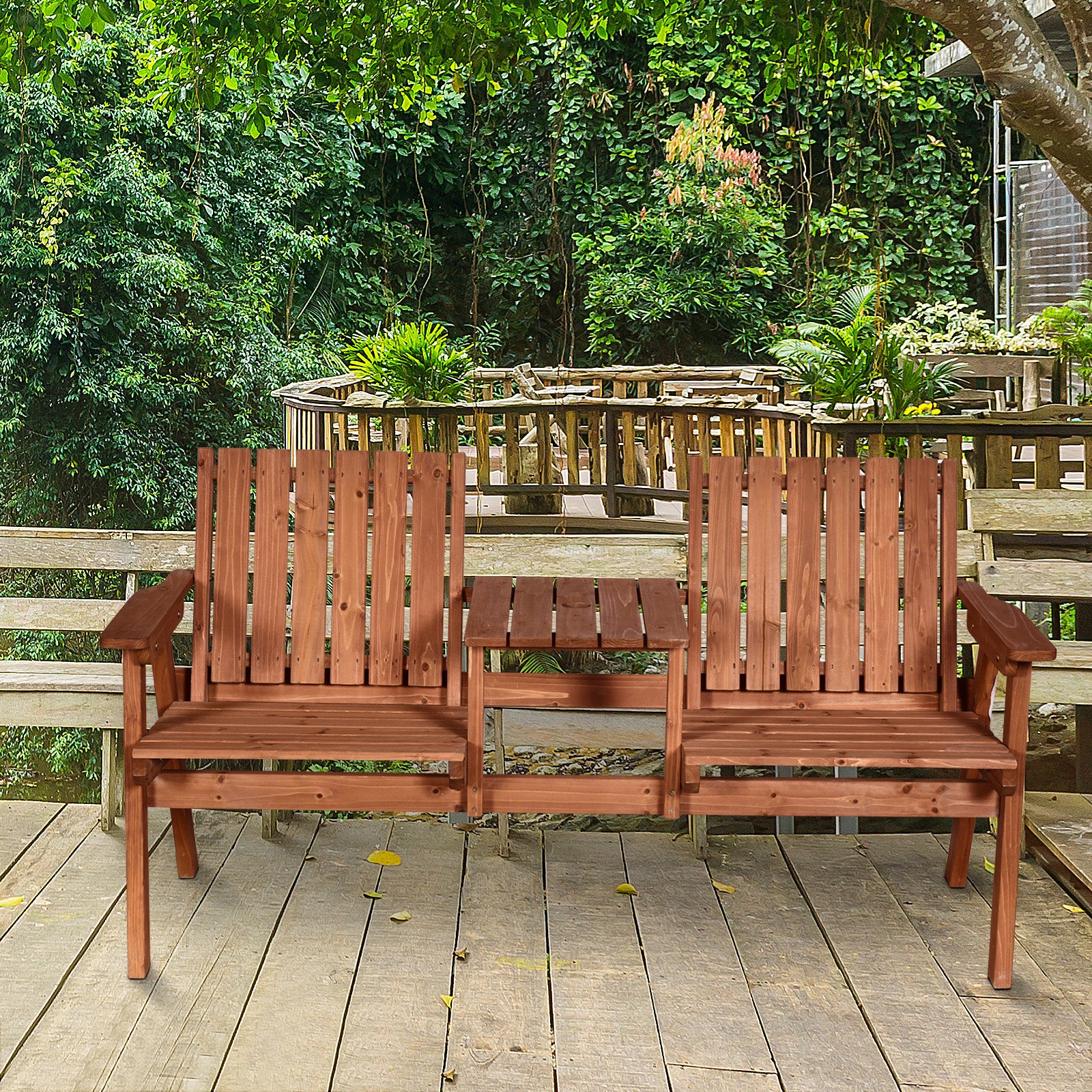 Red cedar wood loveseat bench with builtin table for outdoor relaxation