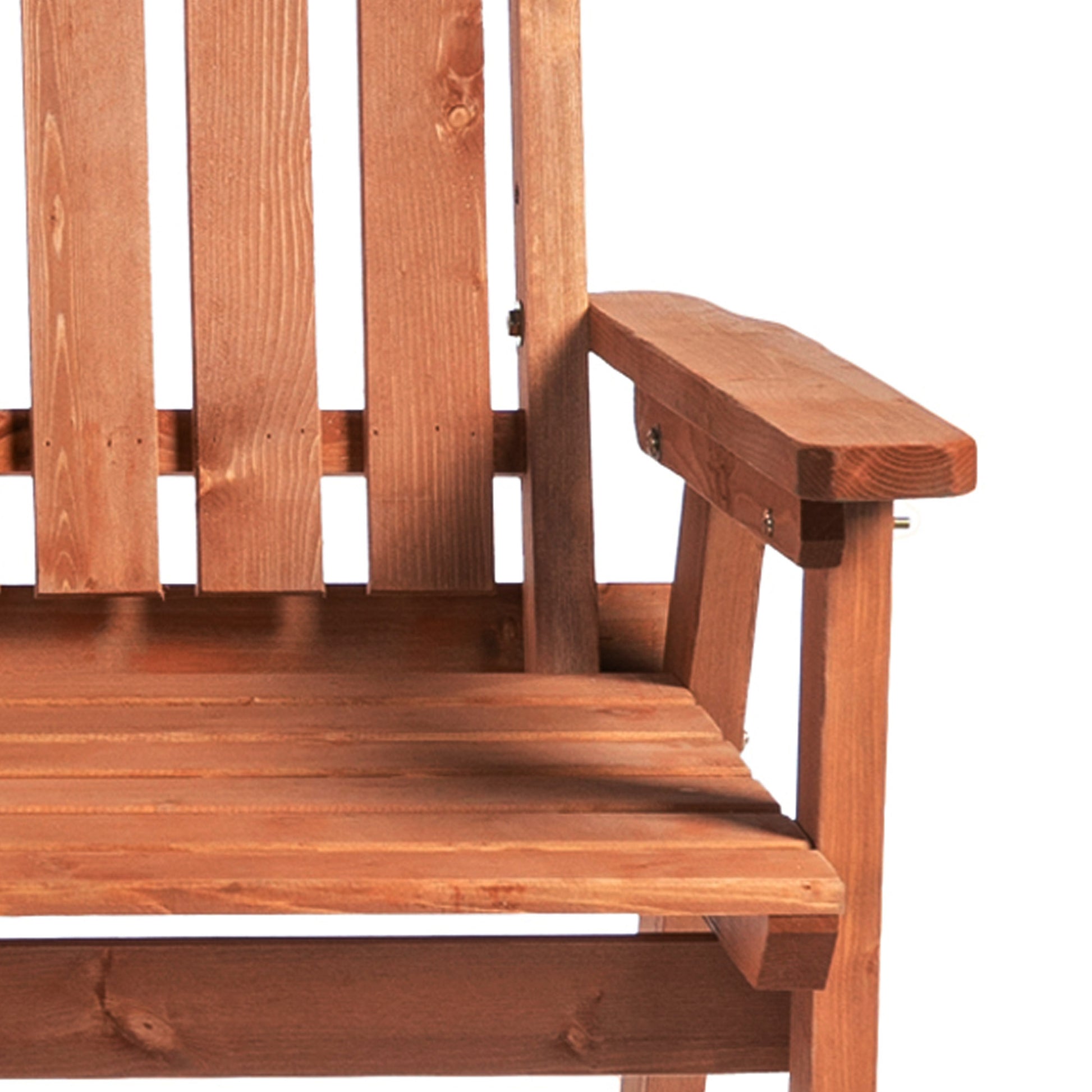 Closeup of a slatted wooden garden bench in natural wood finish