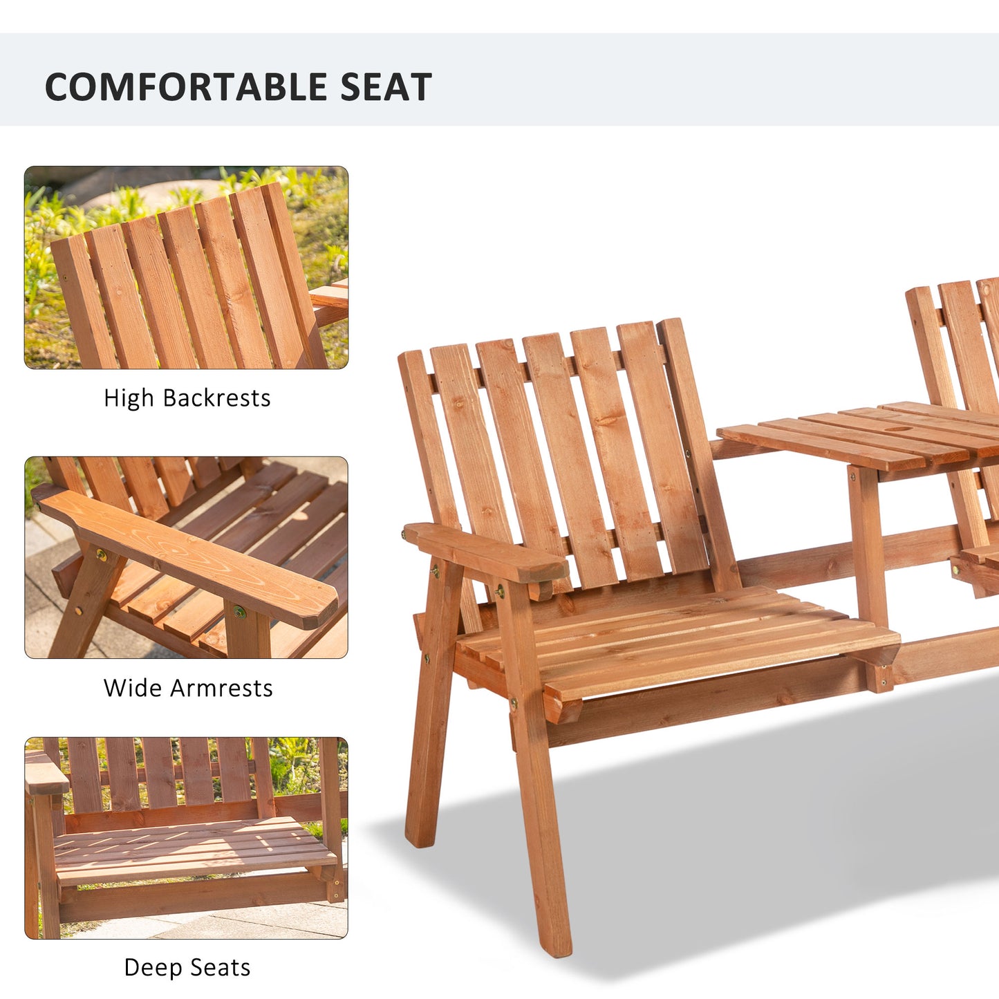 Natural wood park bench with high backrests ideal for outdoor relaxation and seating