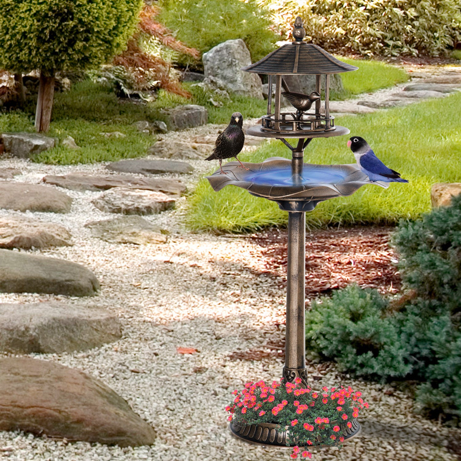 Bronze bird bath feeder with tiered design and decorative accents featuring blue and black birds