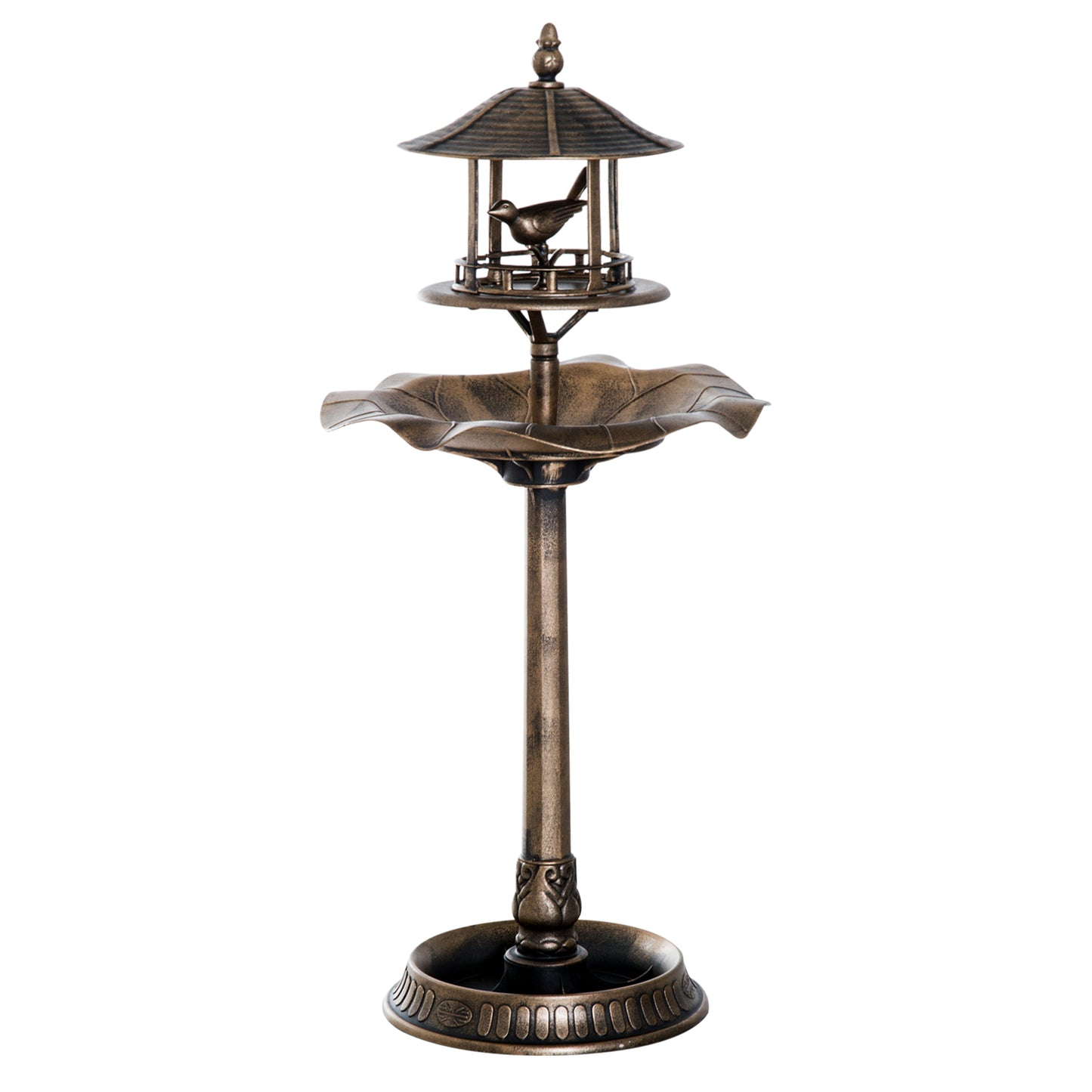 Antique bronze pagoda bird feeder with leafshaped basin and decorative base