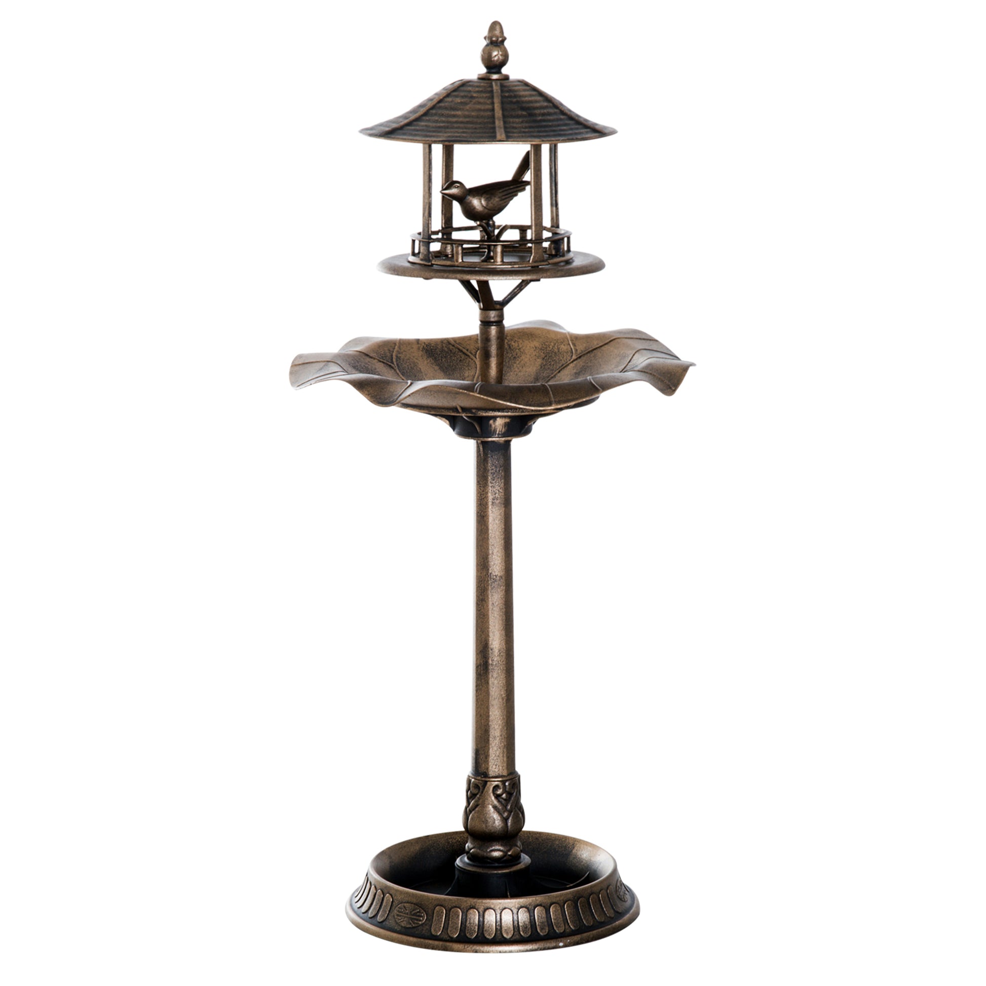 Antique bronze pagoda bird feeder with leafshaped basin and decorative base