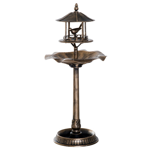 Antique bronze pagoda bird feeder with leafshaped basin and decorative base