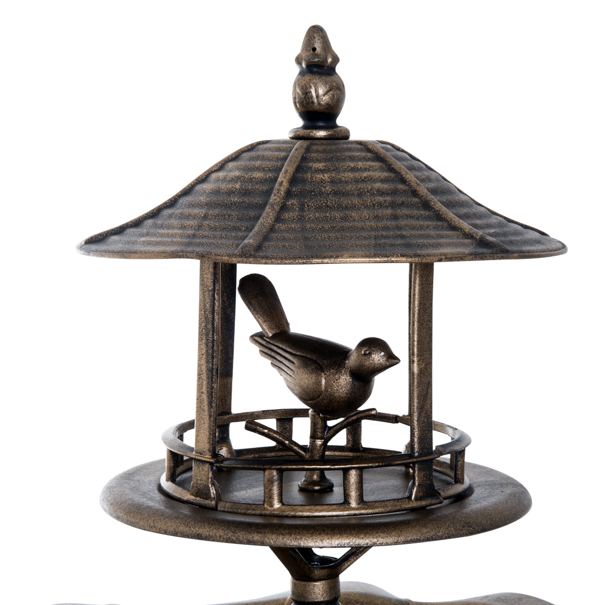 Antique bronze bird feeder with ornate roof and bird figurine