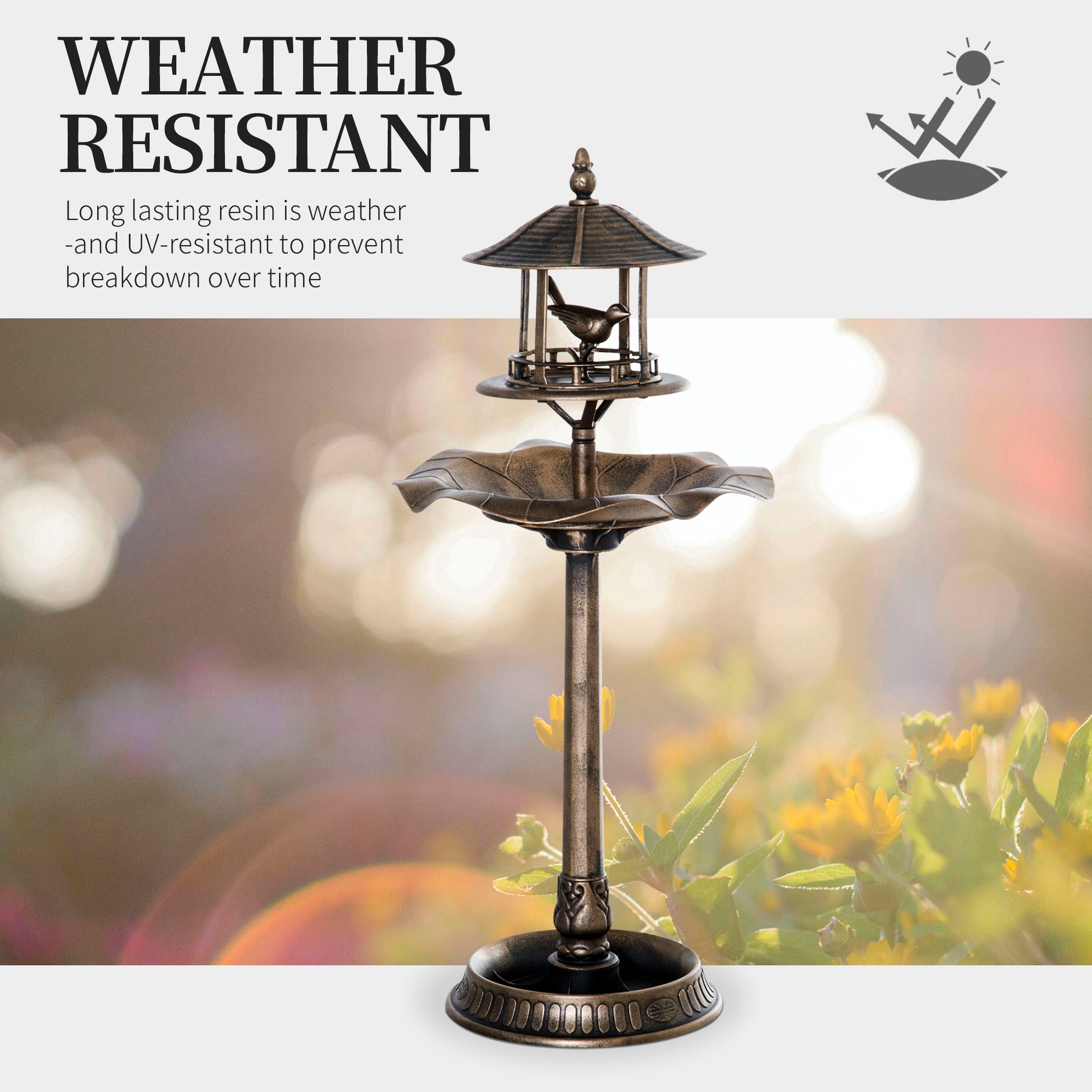 Antique bronze bird feeder with ornate base and decorative roof detail