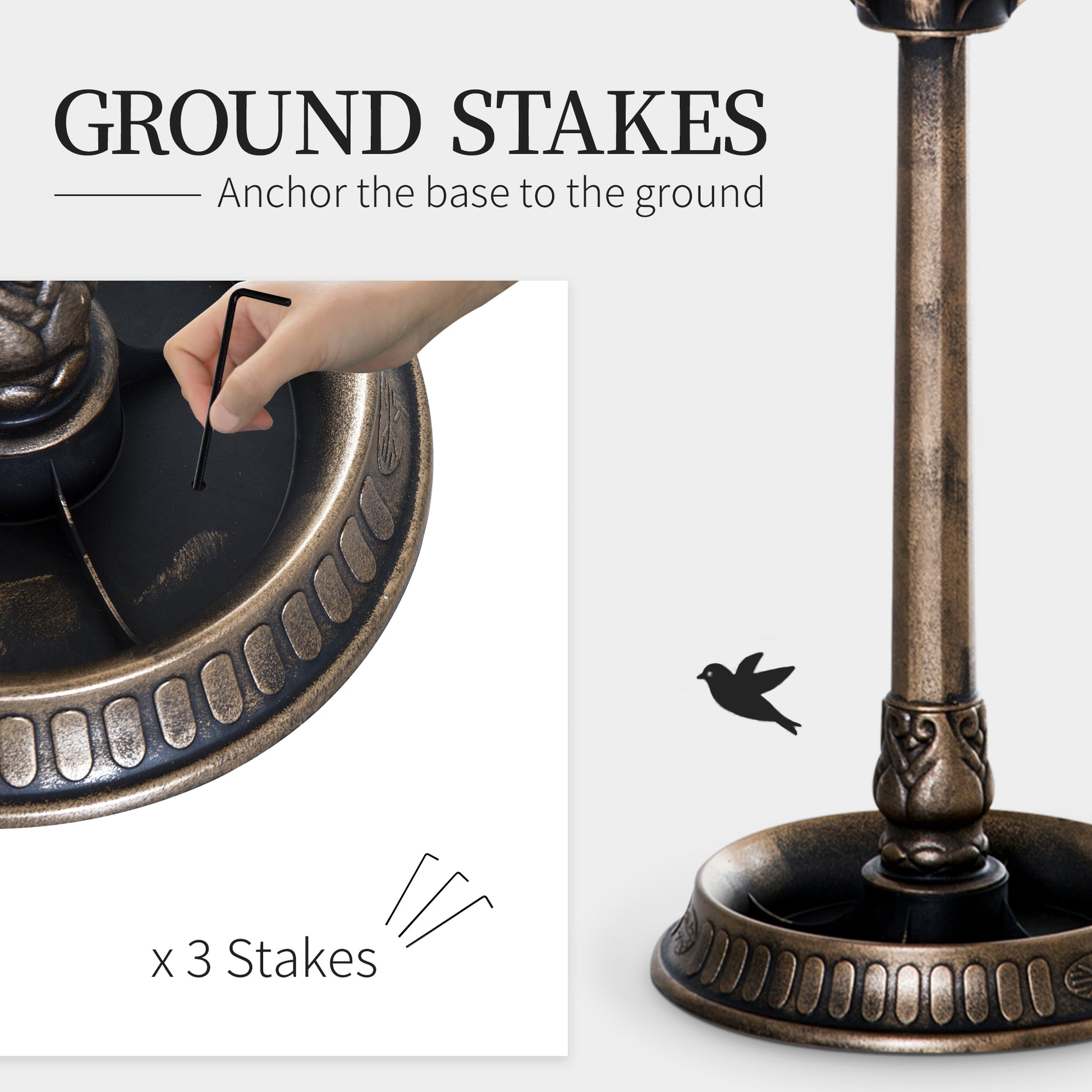 Set of  decorative bronze garden ground stakes for securing bird baths