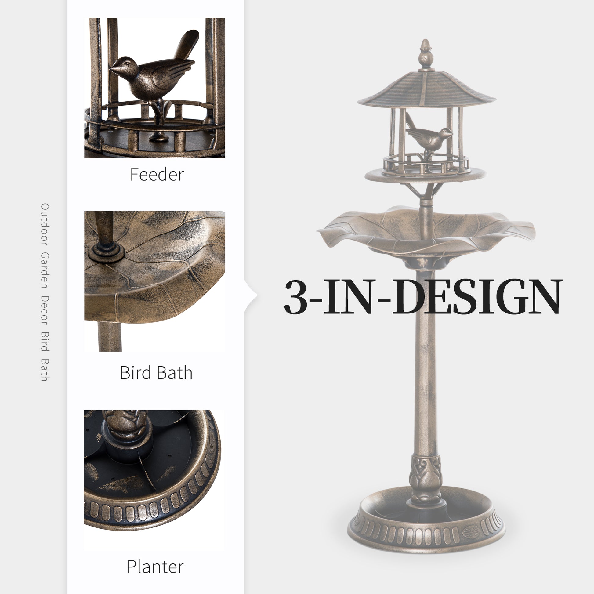 Bronze metal bird feeder with ornate detailing for outdoor garden decoration