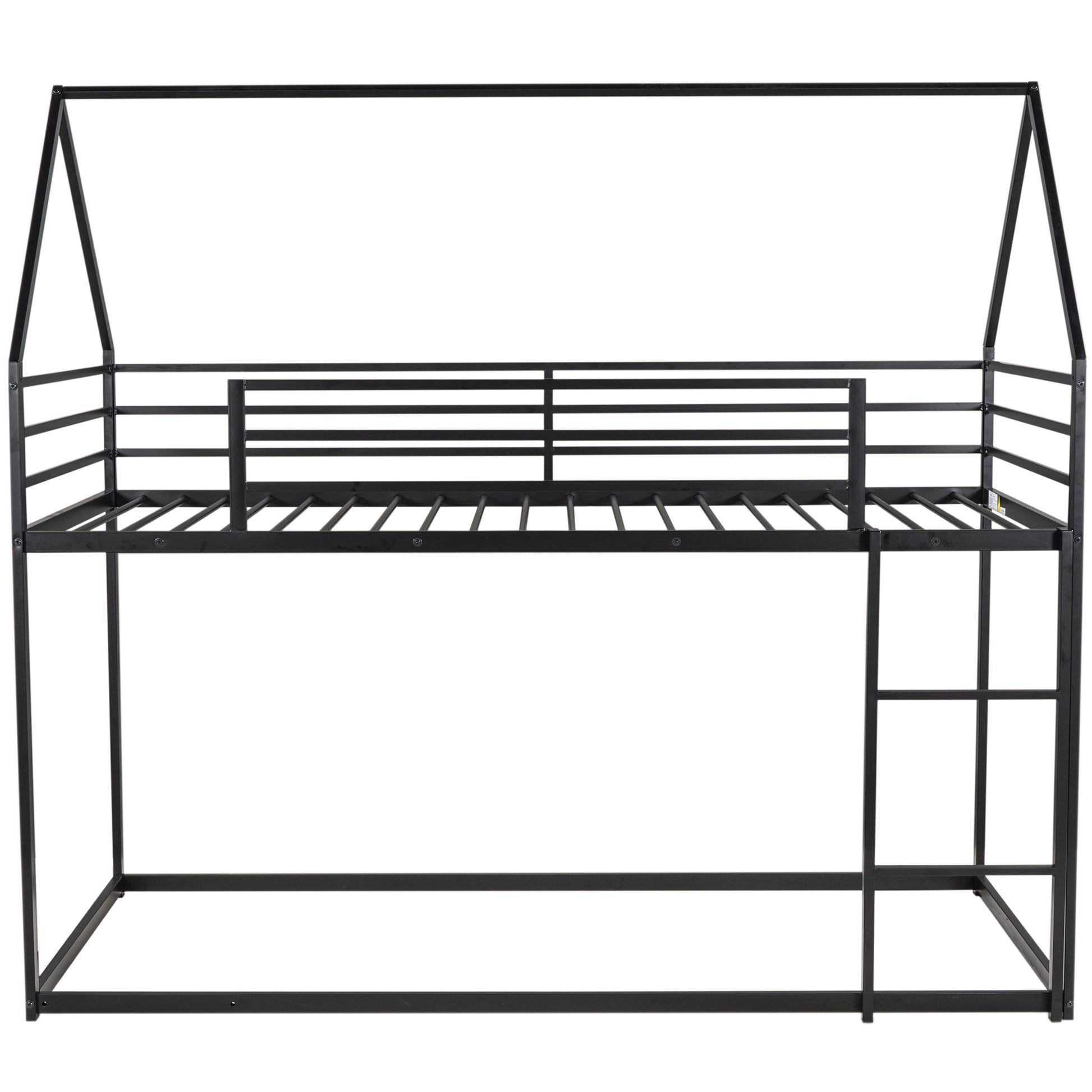 Black metal house frame bunk bed with ladder
