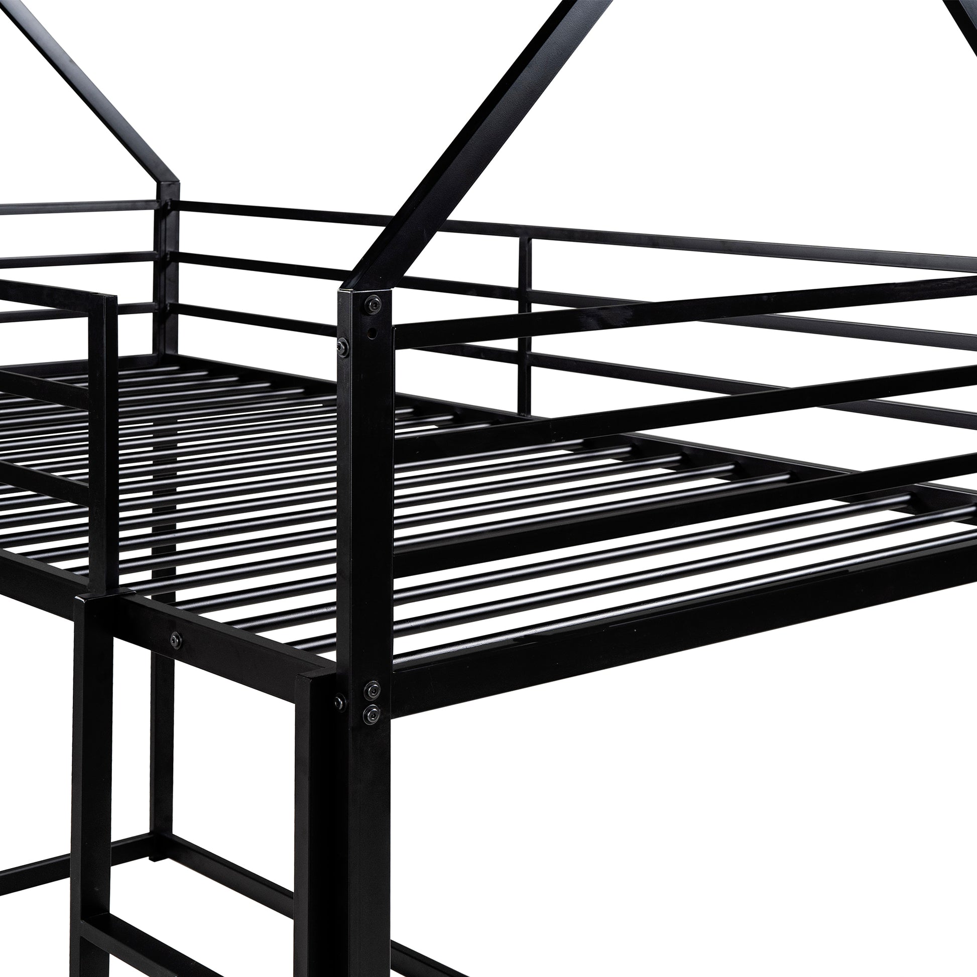 Black metal twin loft bed frame with integrated ladder