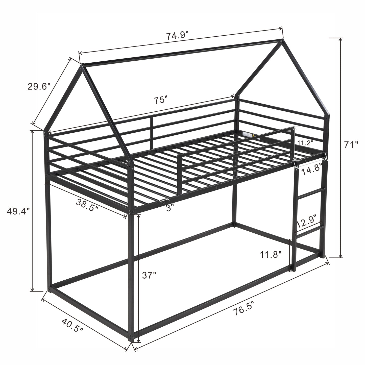 Black metal twin loft bed with houseshaped frame