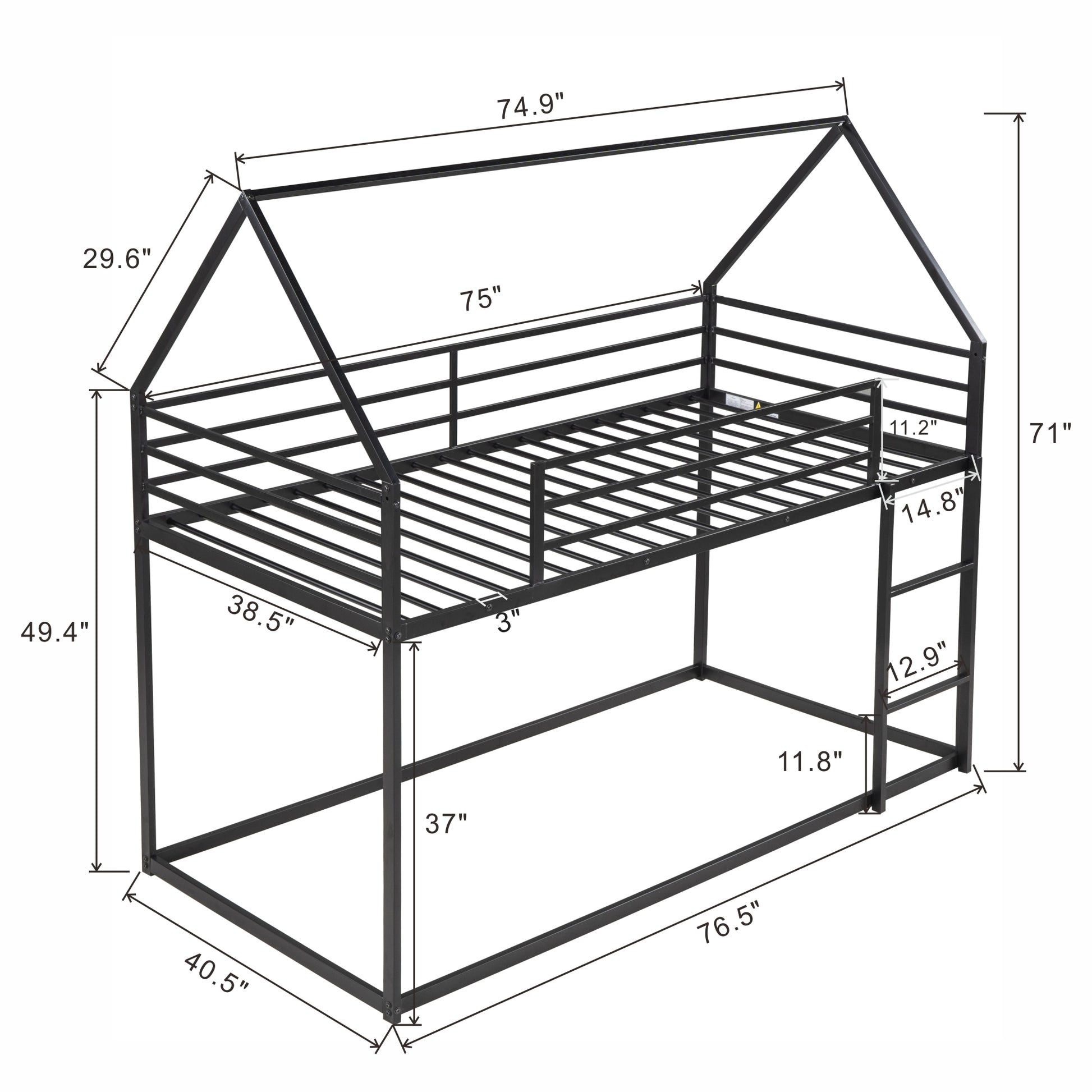 Black metal twin loft bed with houseshaped frame